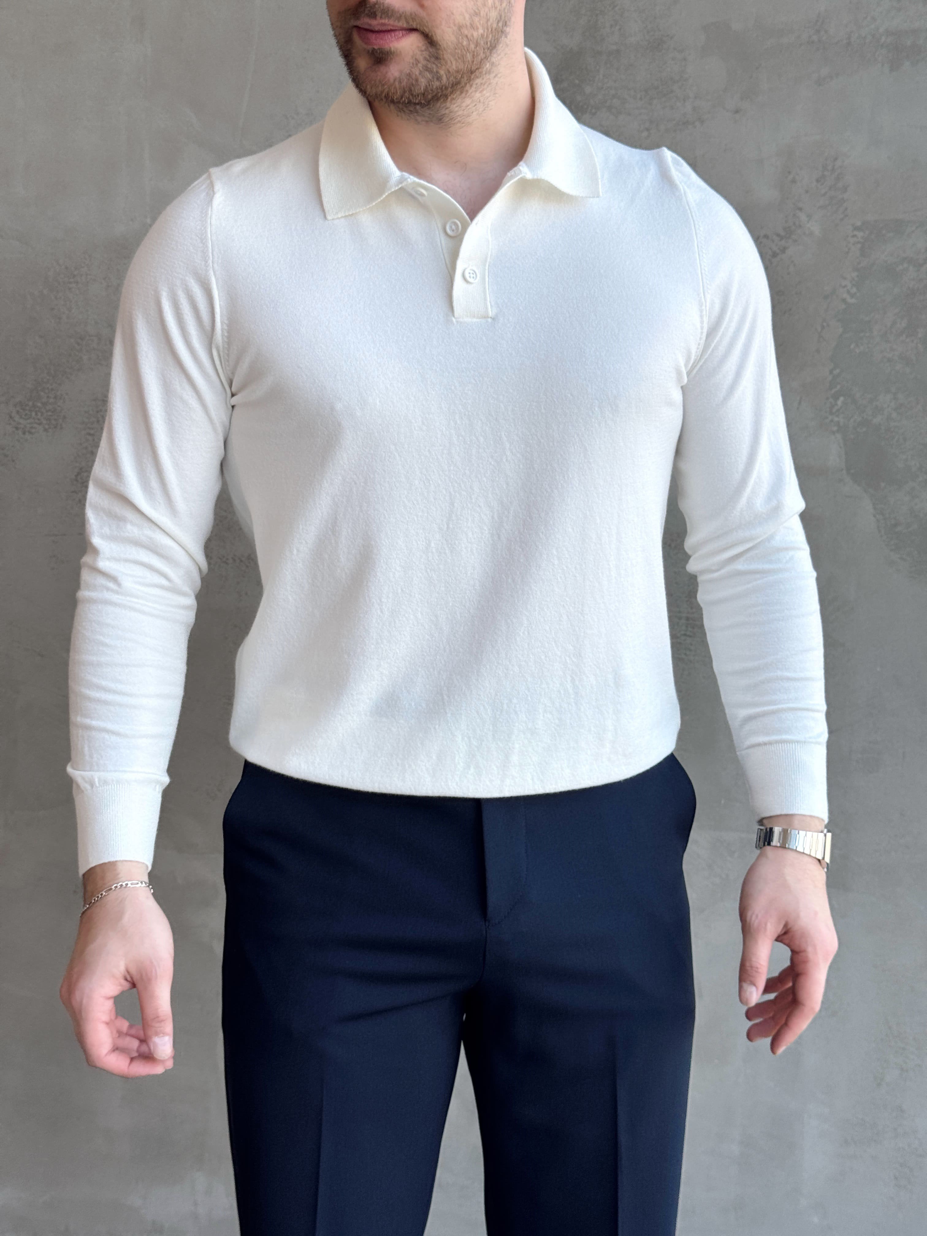 Erkek Elit Model Regular Kalıp Düğme Detaylı Polo Yaka İnce Triko Kazak-Ekru(E1873)Ketench