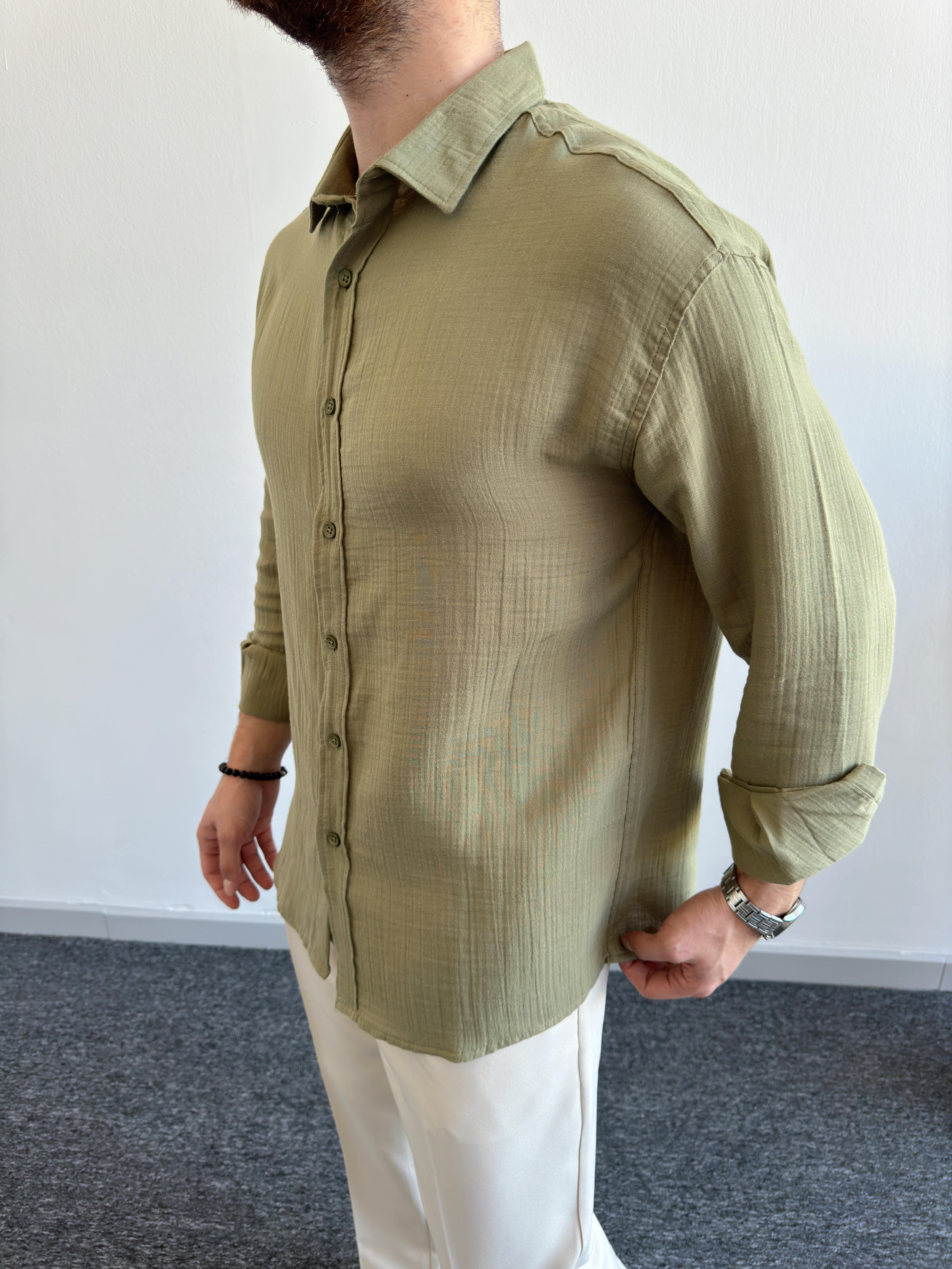 Erkek Elit Oversize Müslin Kumaş Gömlek-Haki(E1093)Ketench