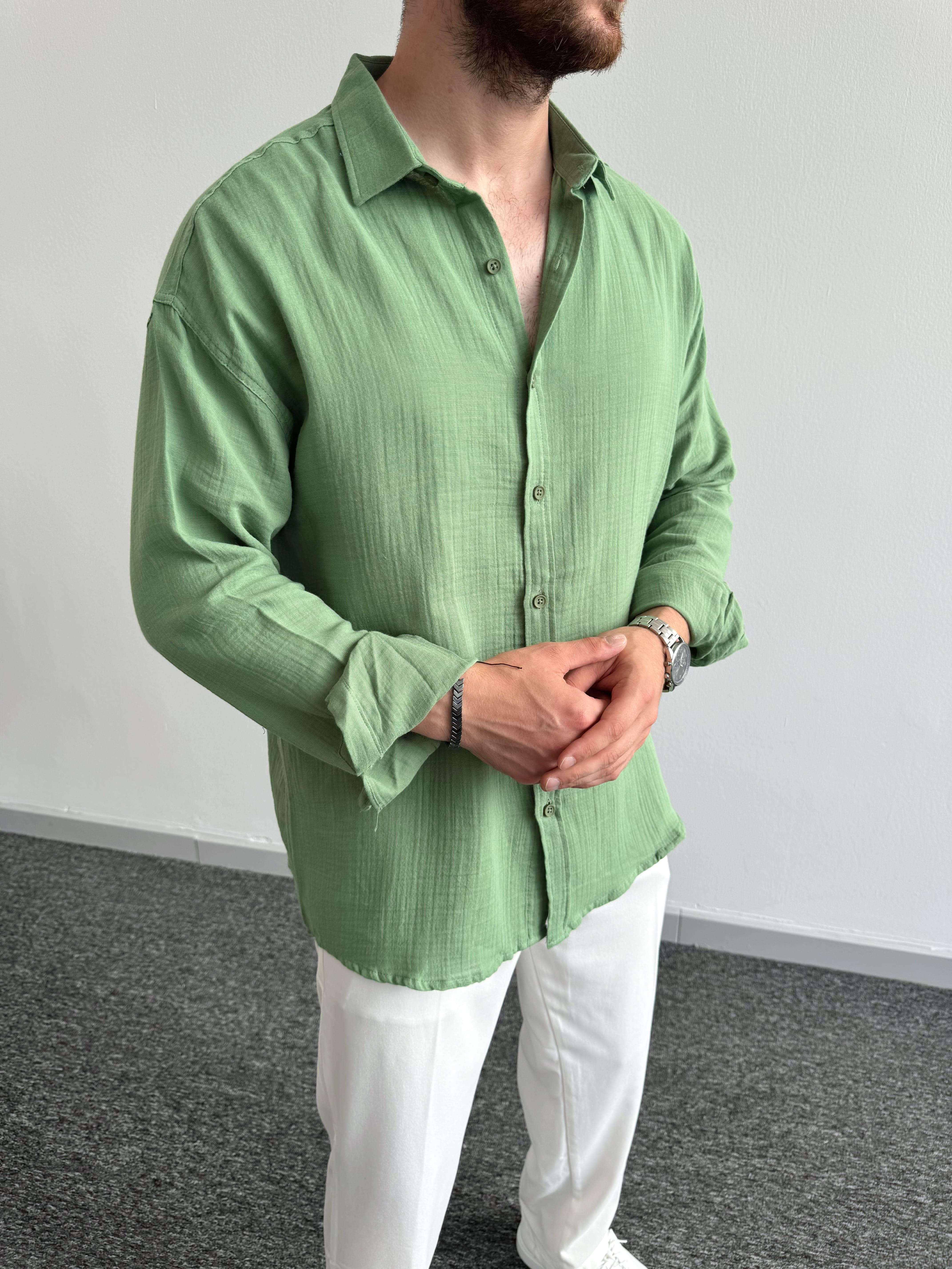 Erkek Elit Oversize Müslin Kumaş Gömlek-Yeşil(E1093)Ketench