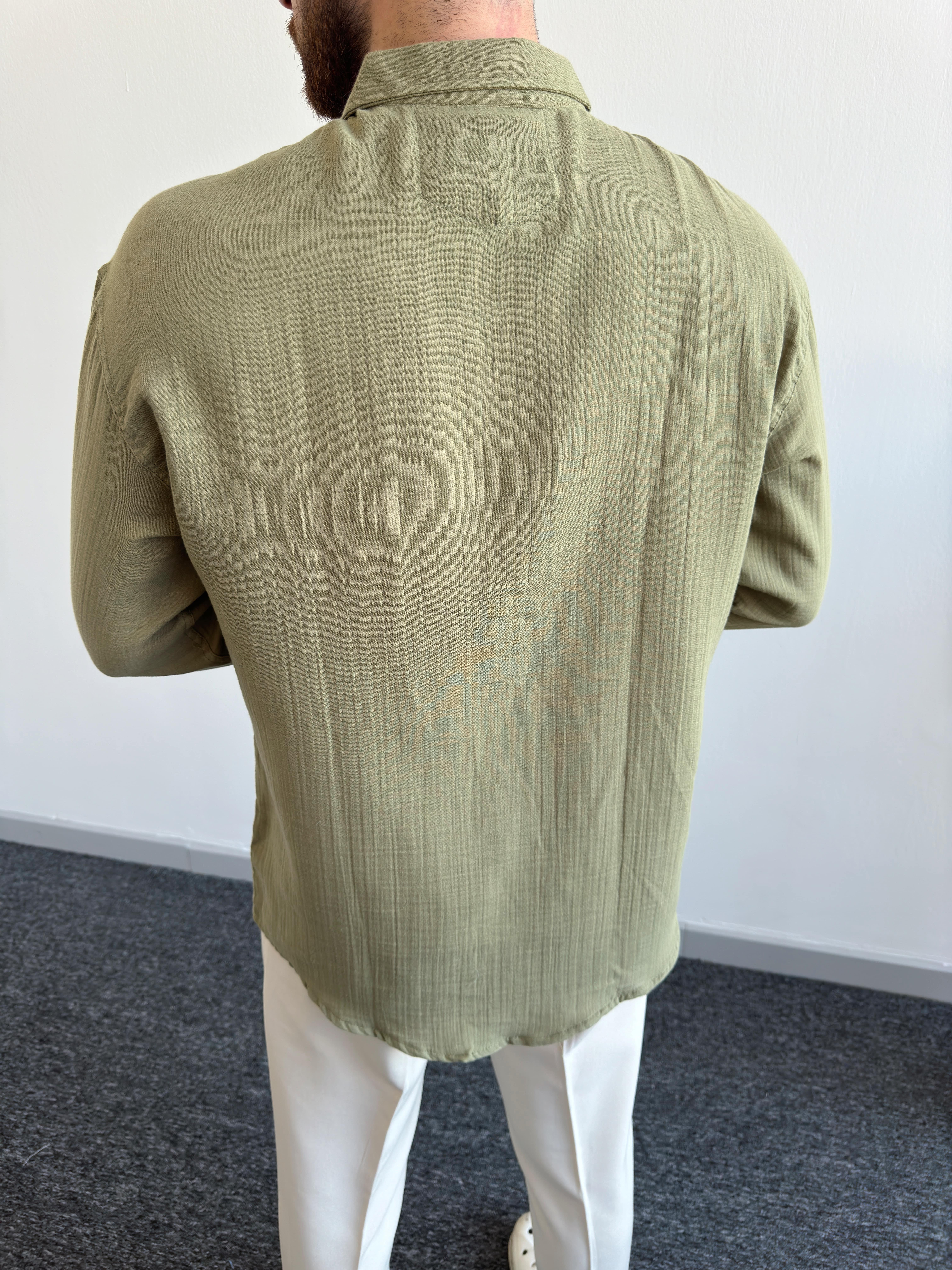 Erkek Elit Oversize Müslin Kumaş Gömlek-Haki(E1093)Ketench