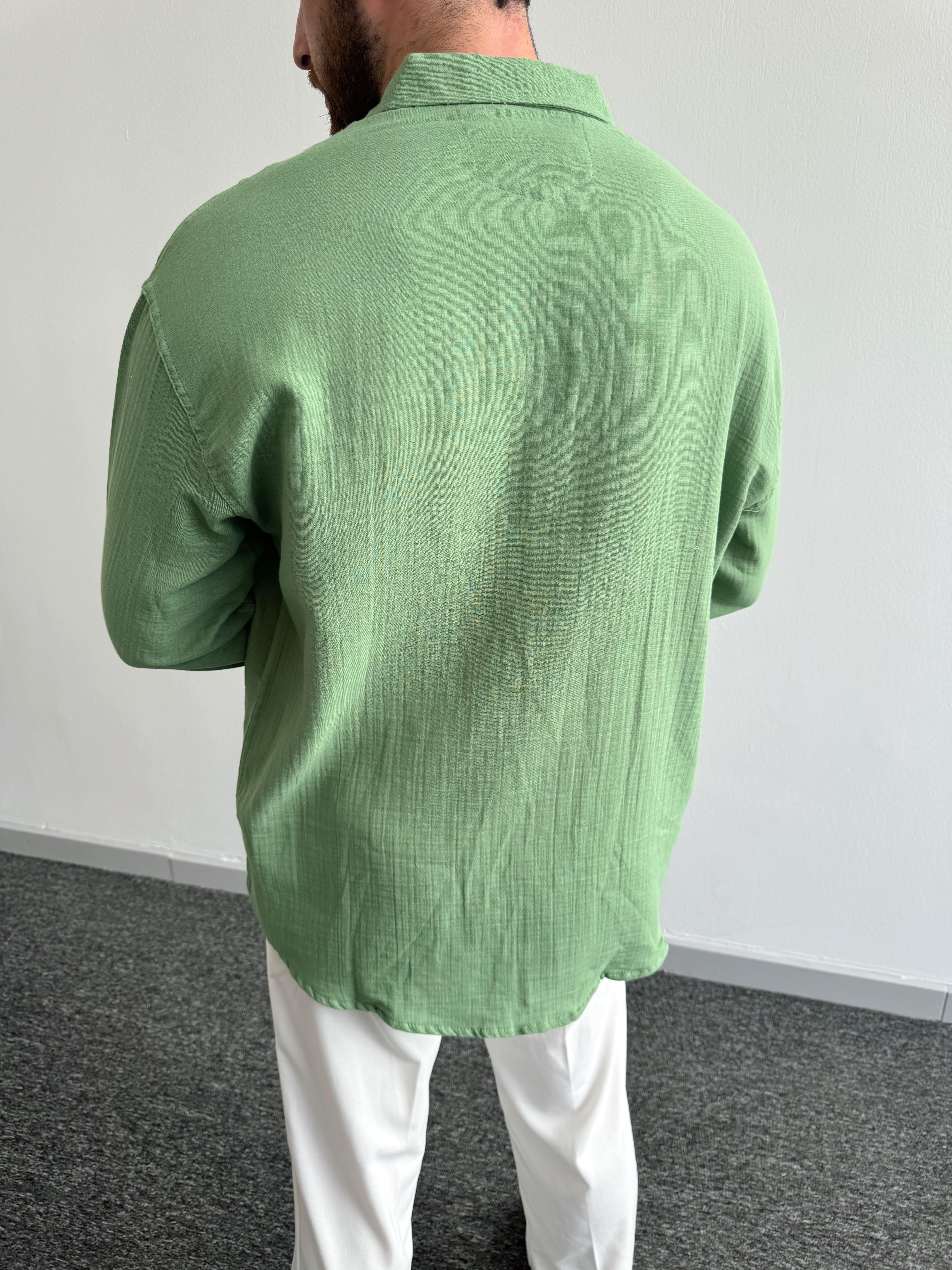 Erkek Elit Oversize Müslin Kumaş Gömlek-Yeşil(E1093)Ketench
