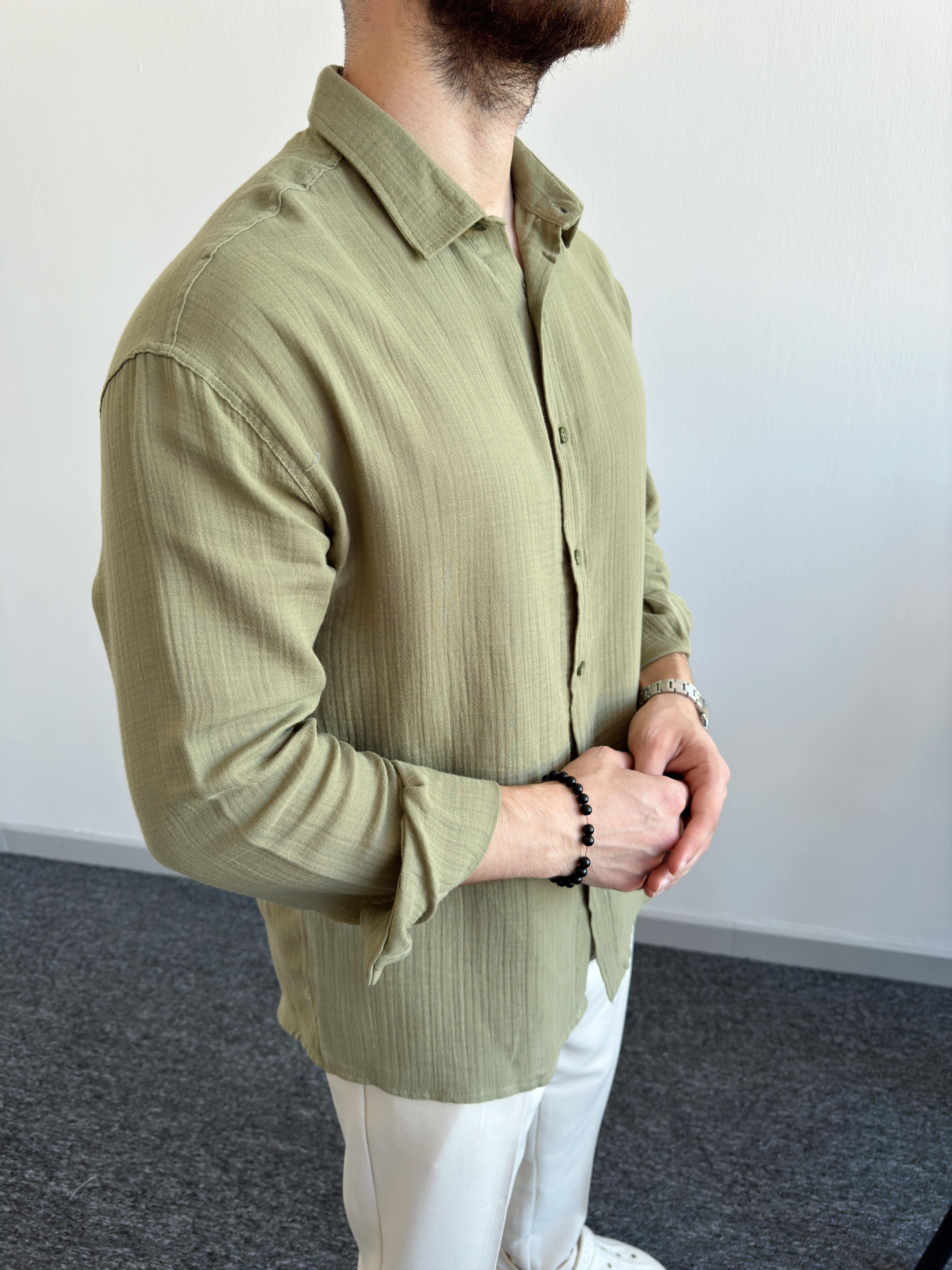 Erkek Elit Oversize Müslin Kumaş Gömlek-Haki(E1093)Ketench