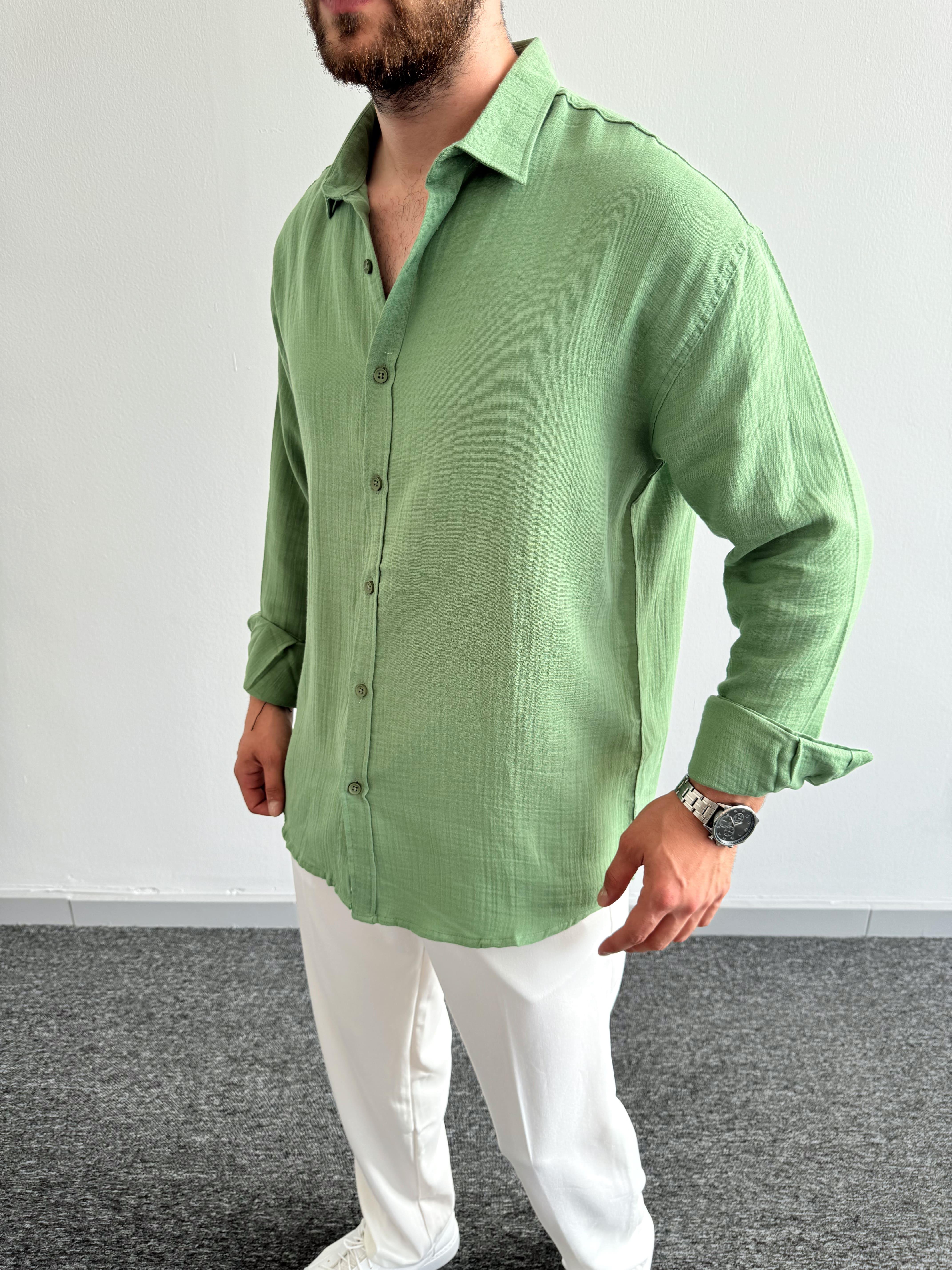 Erkek Elit Oversize Müslin Kumaş Gömlek-Yeşil(E1093)Ketench