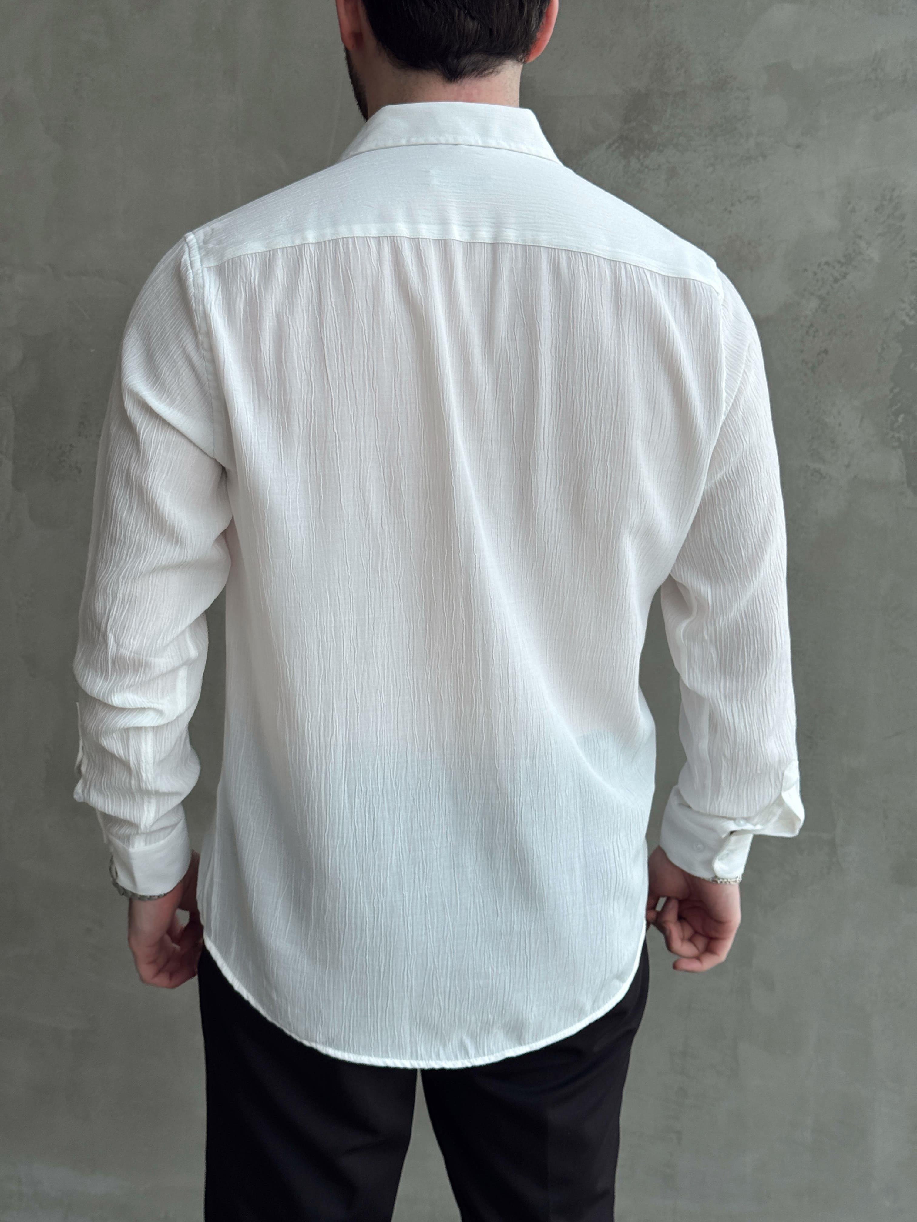 Erkek Elit Premium Regular Kalıp Gizli Düğme Detay Bürümcük Kumaş Gömlek-Beyaz(E1682)Ketench
