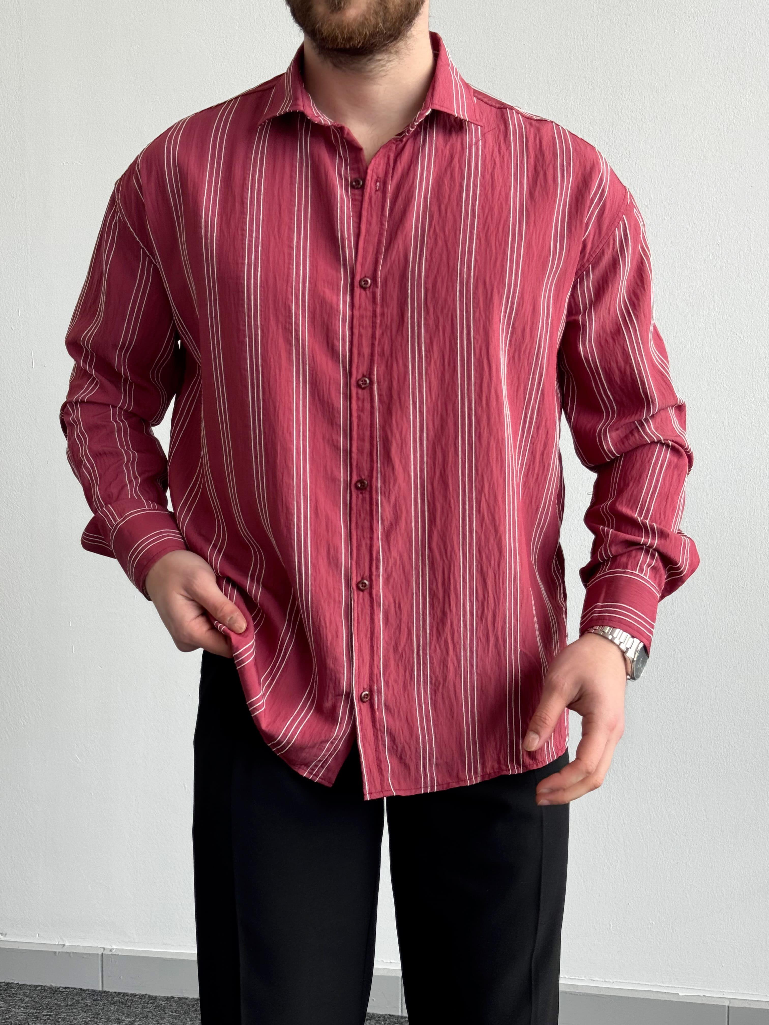 Erkek Elit Seçim Çizgi Detay Oversize Kalıp Gömlek-Bordo(E1378)Ketench