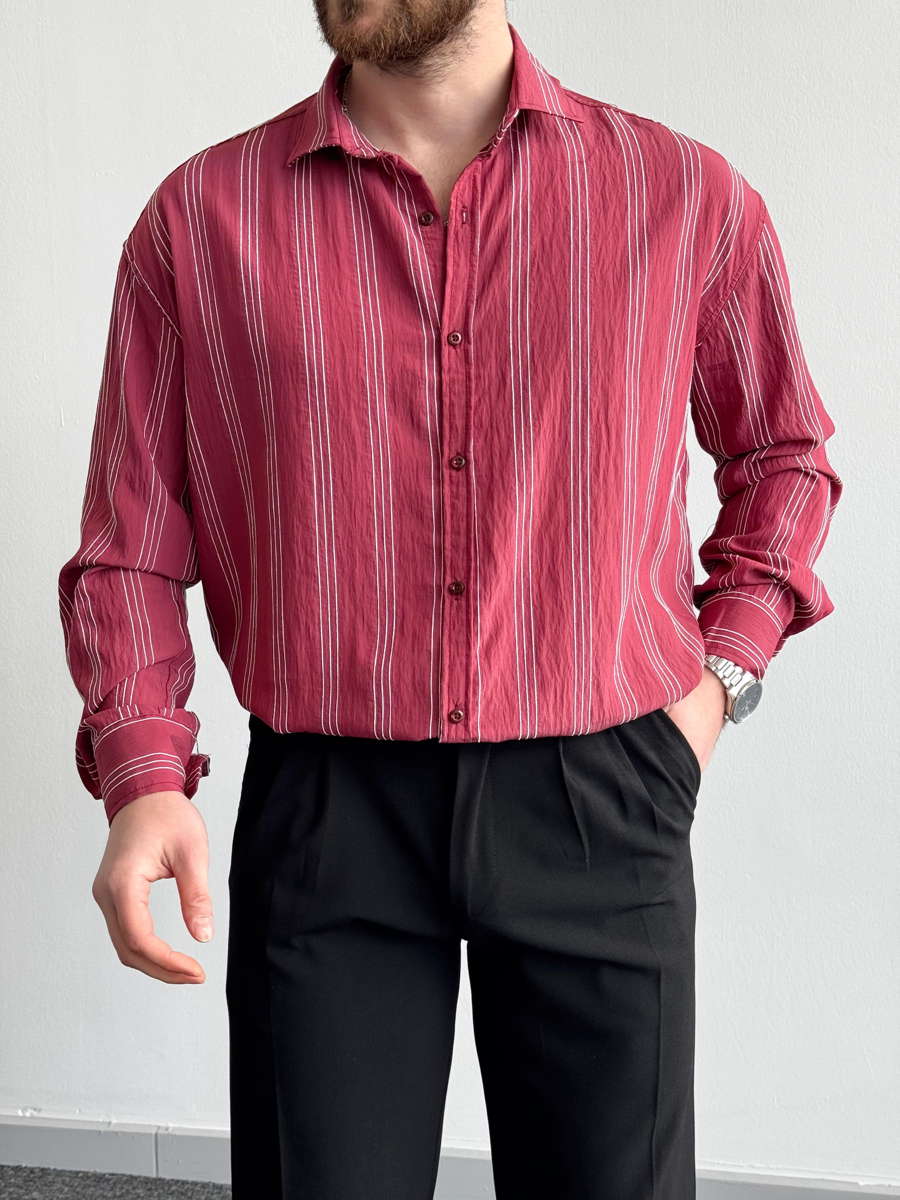 Erkek Elit Seçim Çizgi Detay Oversize Kalıp Gömlek-Bordo(E1378)Ketench