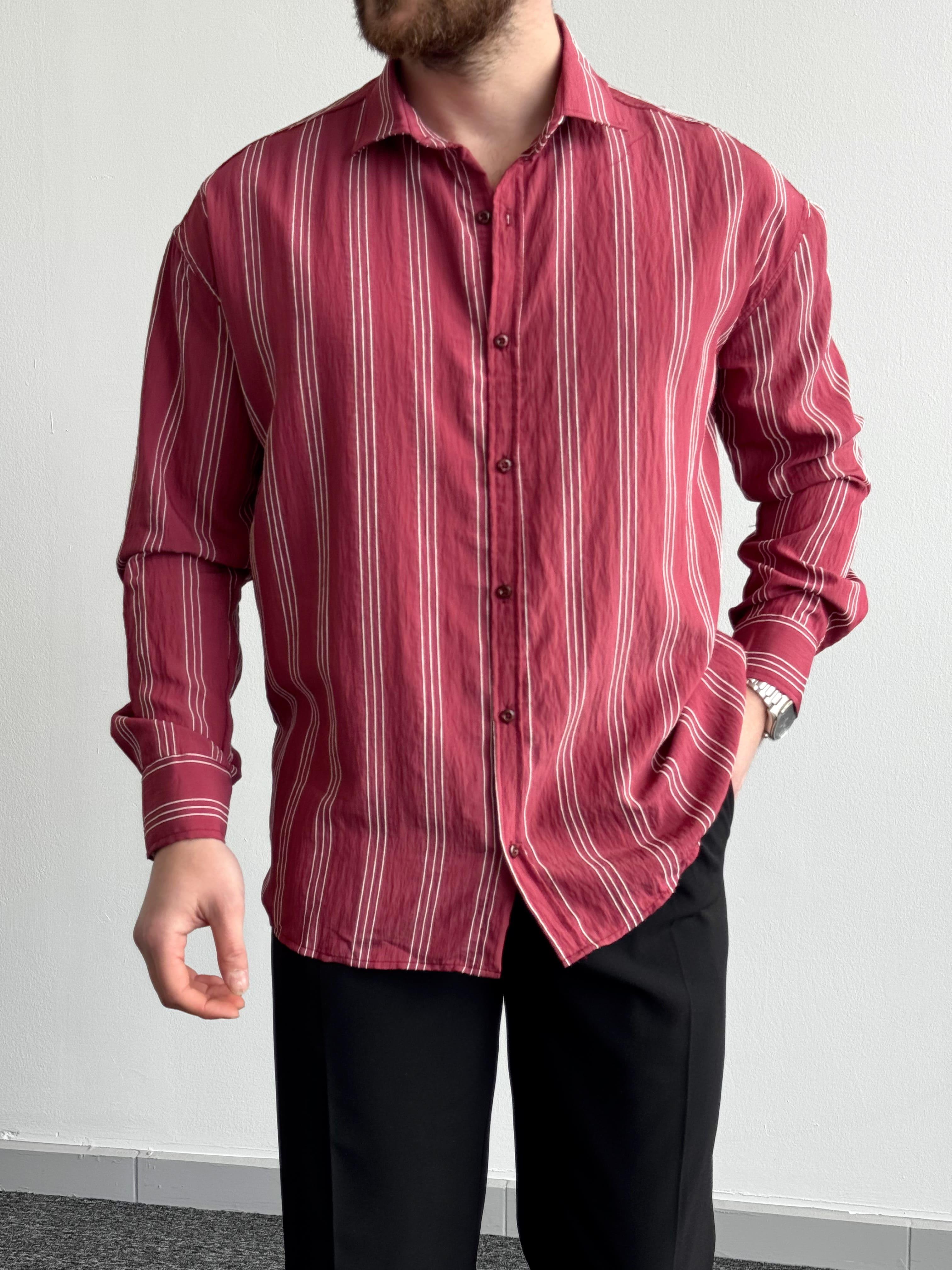 Erkek Elit Seçim Çizgi Detay Oversize Kalıp Gömlek-Bordo(E1378)Ketench