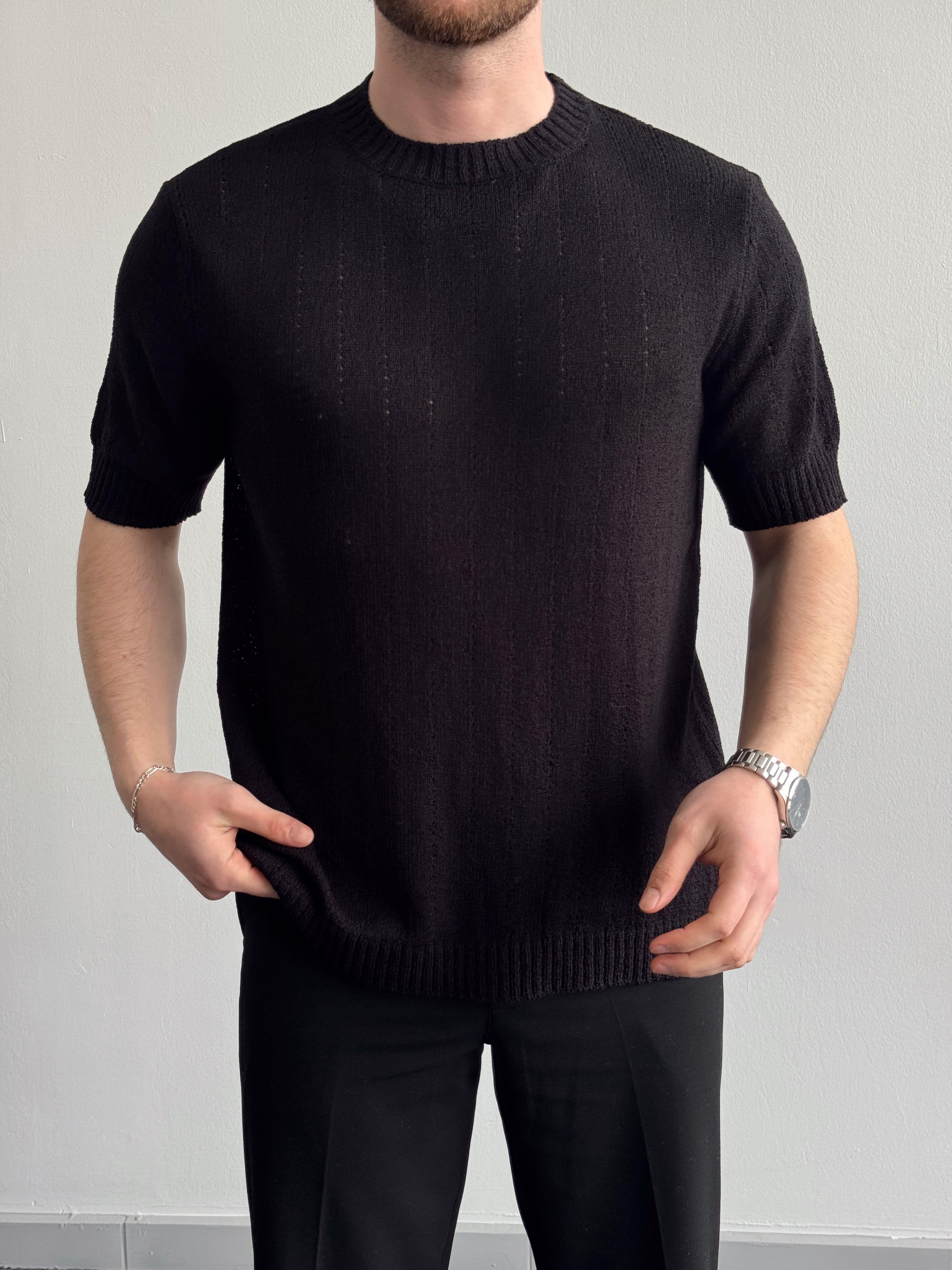 Erkek Elit Seçim Oversize Kalıp Bisiklet Yaka Desenli Triko T-Shirt-Siyah(E1336)Ketench