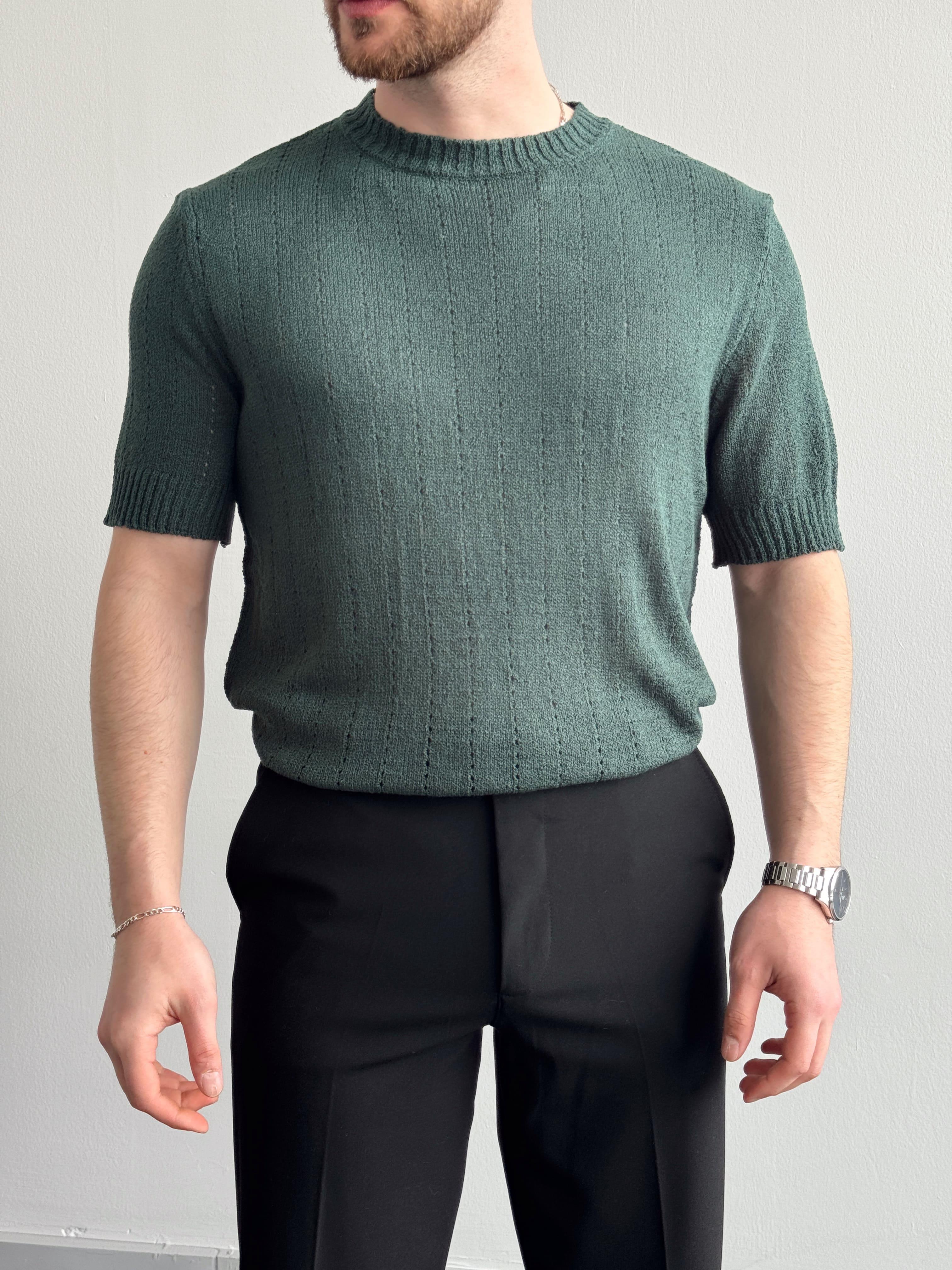 Erkek Elit Seçim Oversize Kalıp Bisiklet Yaka Desenli Triko T-Shirt-Zümrüt(E1336)Ketench