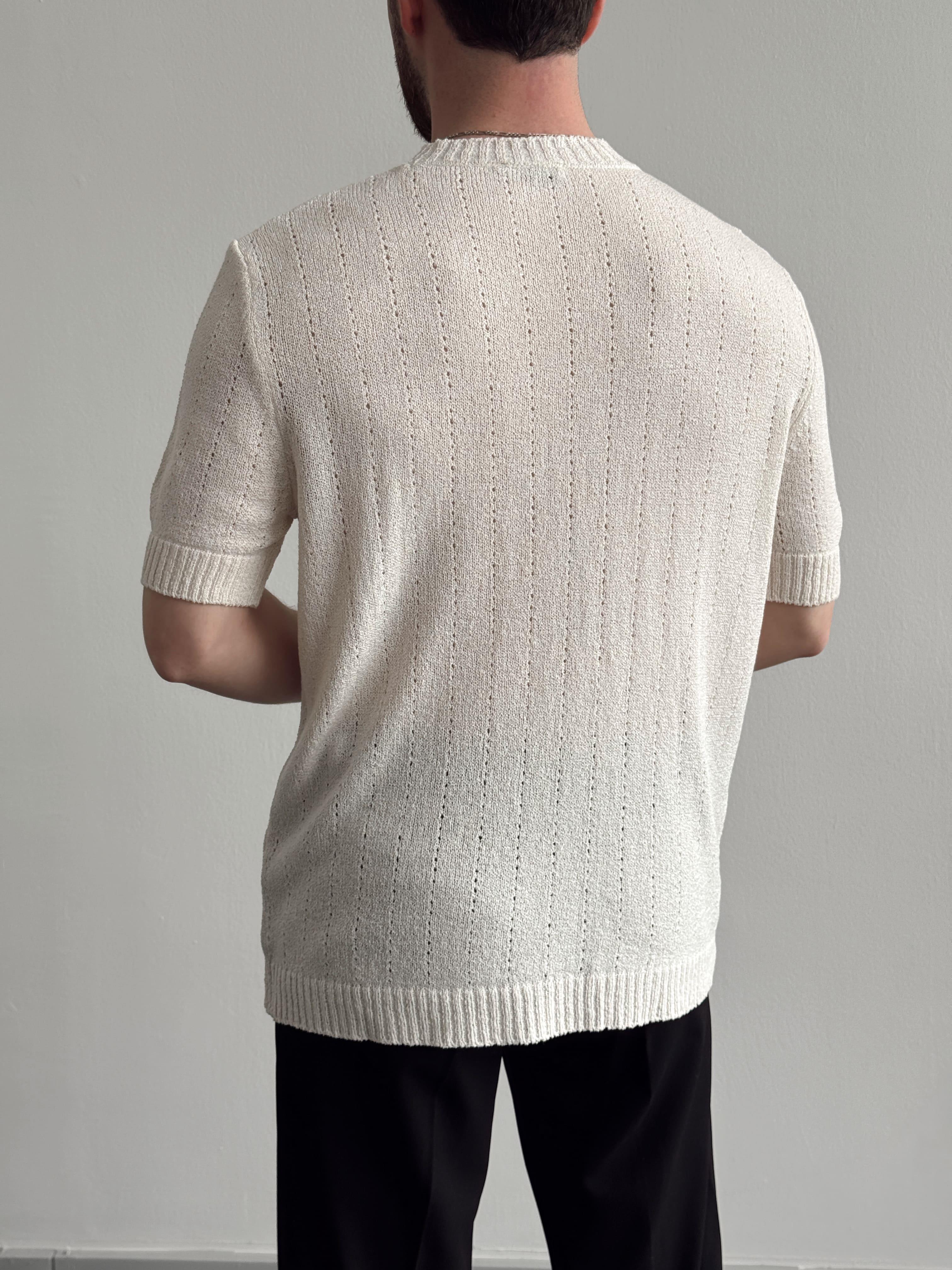 Erkek Elit Seçim Oversize Kalıp Bisiklet Yaka Desenli Triko T-Shirt-Bej(E1336)Ketench