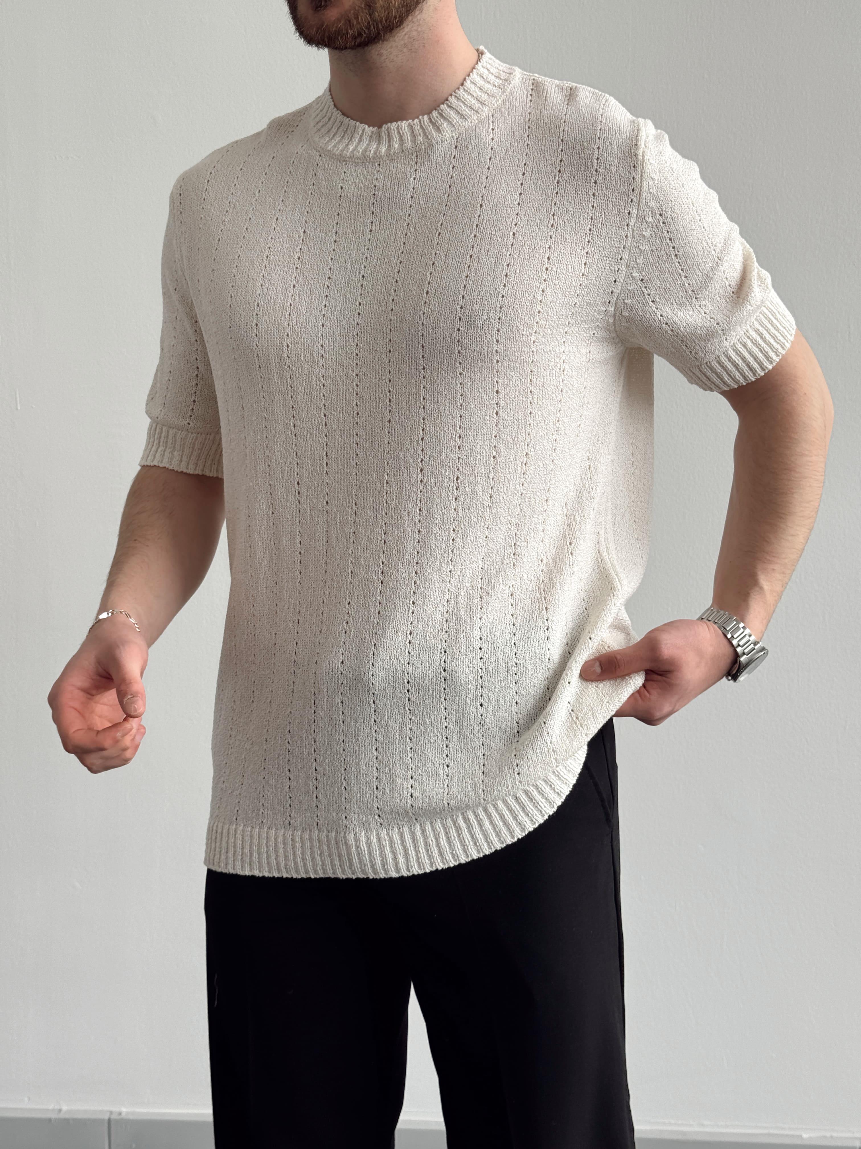 Erkek Elit Seçim Oversize Kalıp Bisiklet Yaka Desenli Triko T-Shirt-Bej(E1336)Ketench