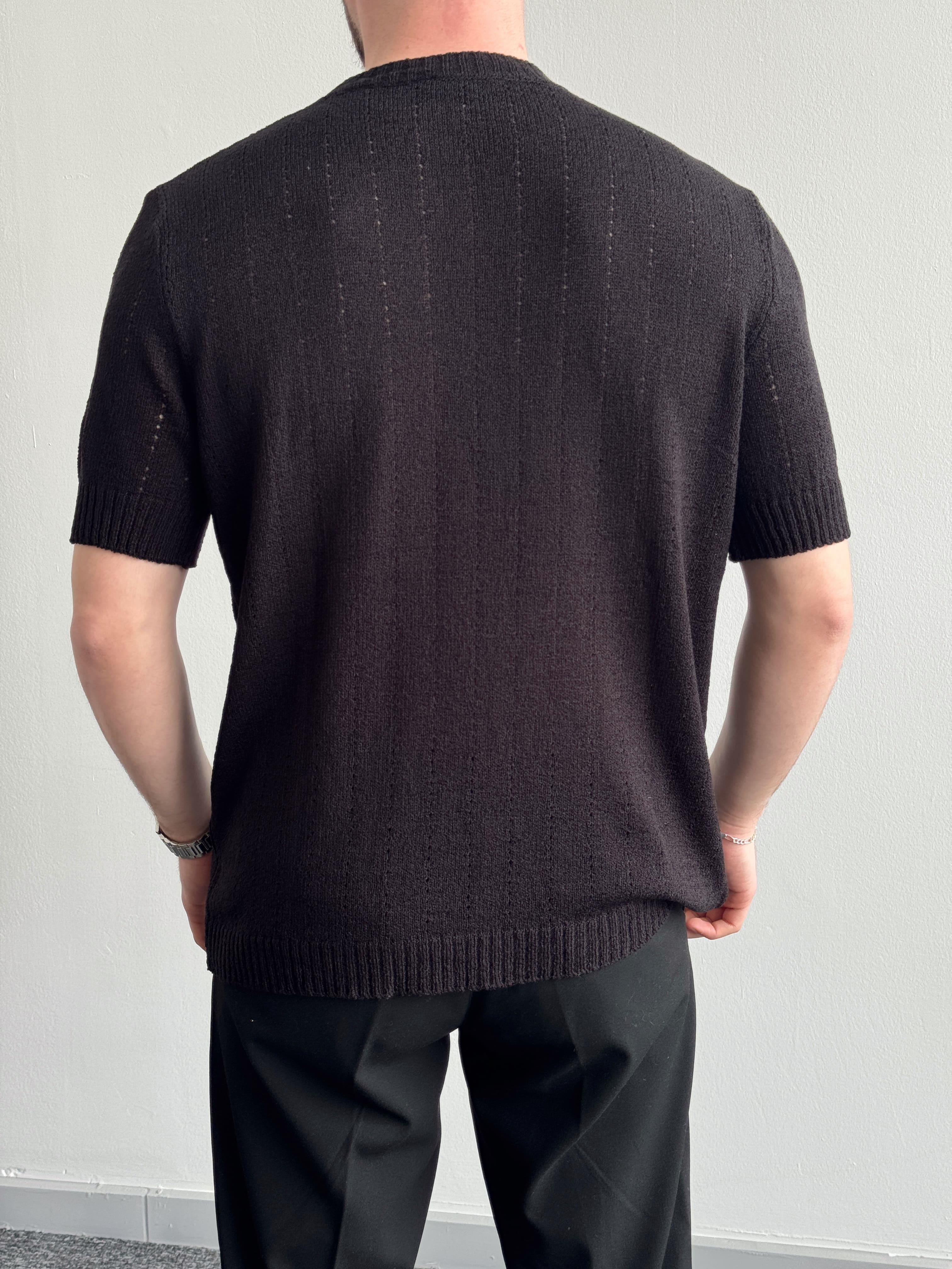 Erkek Elit Seçim Oversize Kalıp Bisiklet Yaka Desenli Triko T-Shirt-Siyah(E1336)Ketench
