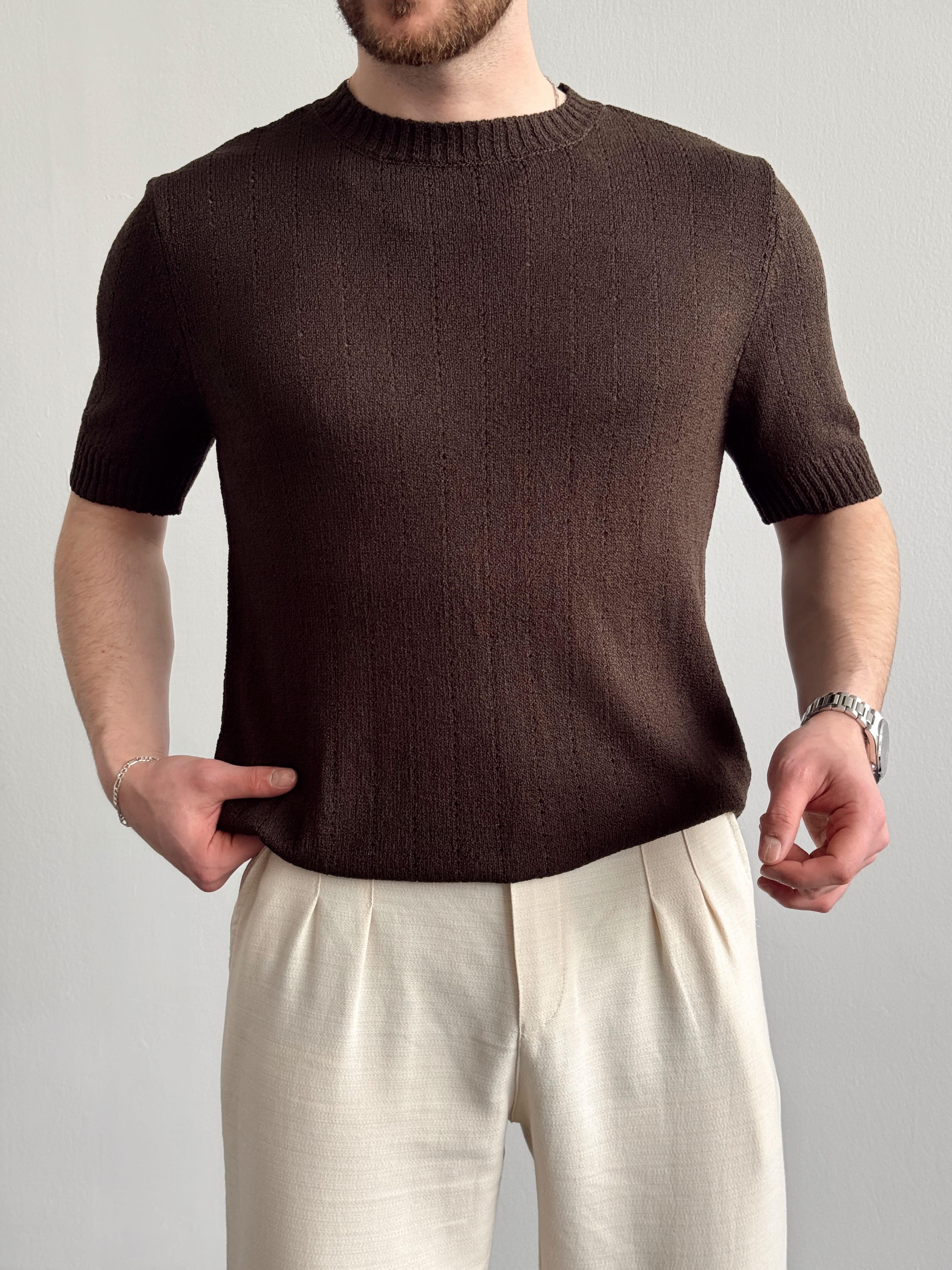 Erkek Elit Seçim Oversize Kalıp Bisiklet Yaka Desenli Triko T-Shirt-Kahverengi(E1336)Ketench