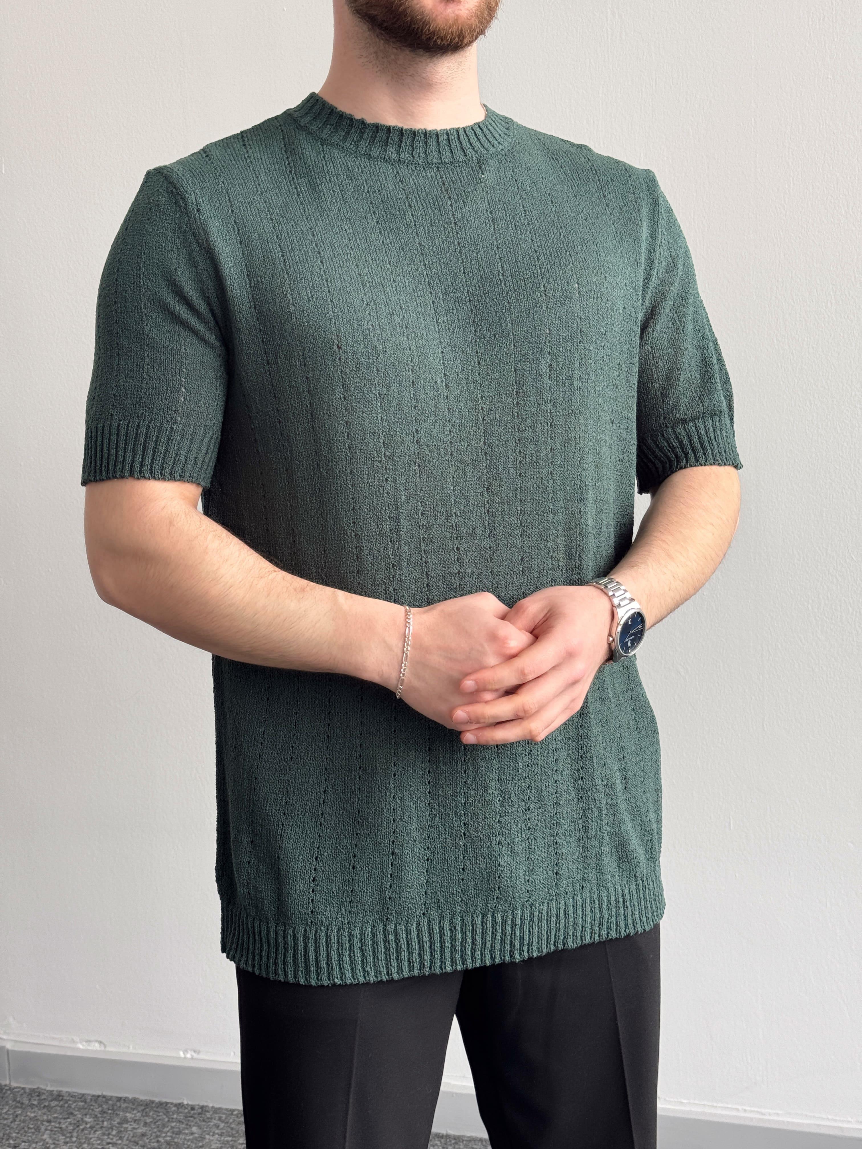 Erkek Elit Seçim Oversize Kalıp Bisiklet Yaka Desenli Triko T-Shirt-Zümrüt(E1336)Ketench