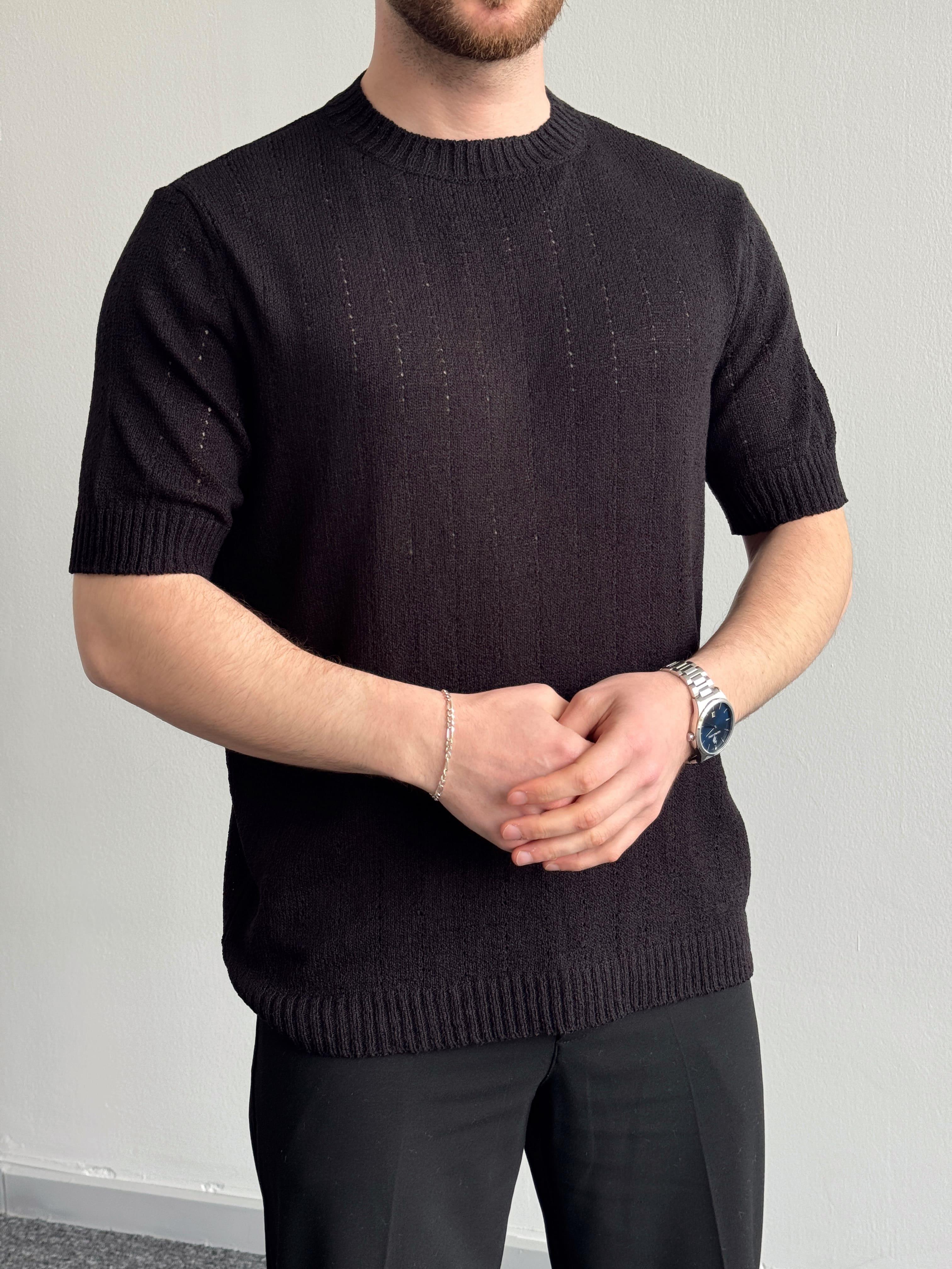 Erkek Elit Seçim Oversize Kalıp Bisiklet Yaka Desenli Triko T-Shirt-Siyah(E1336)Ketench