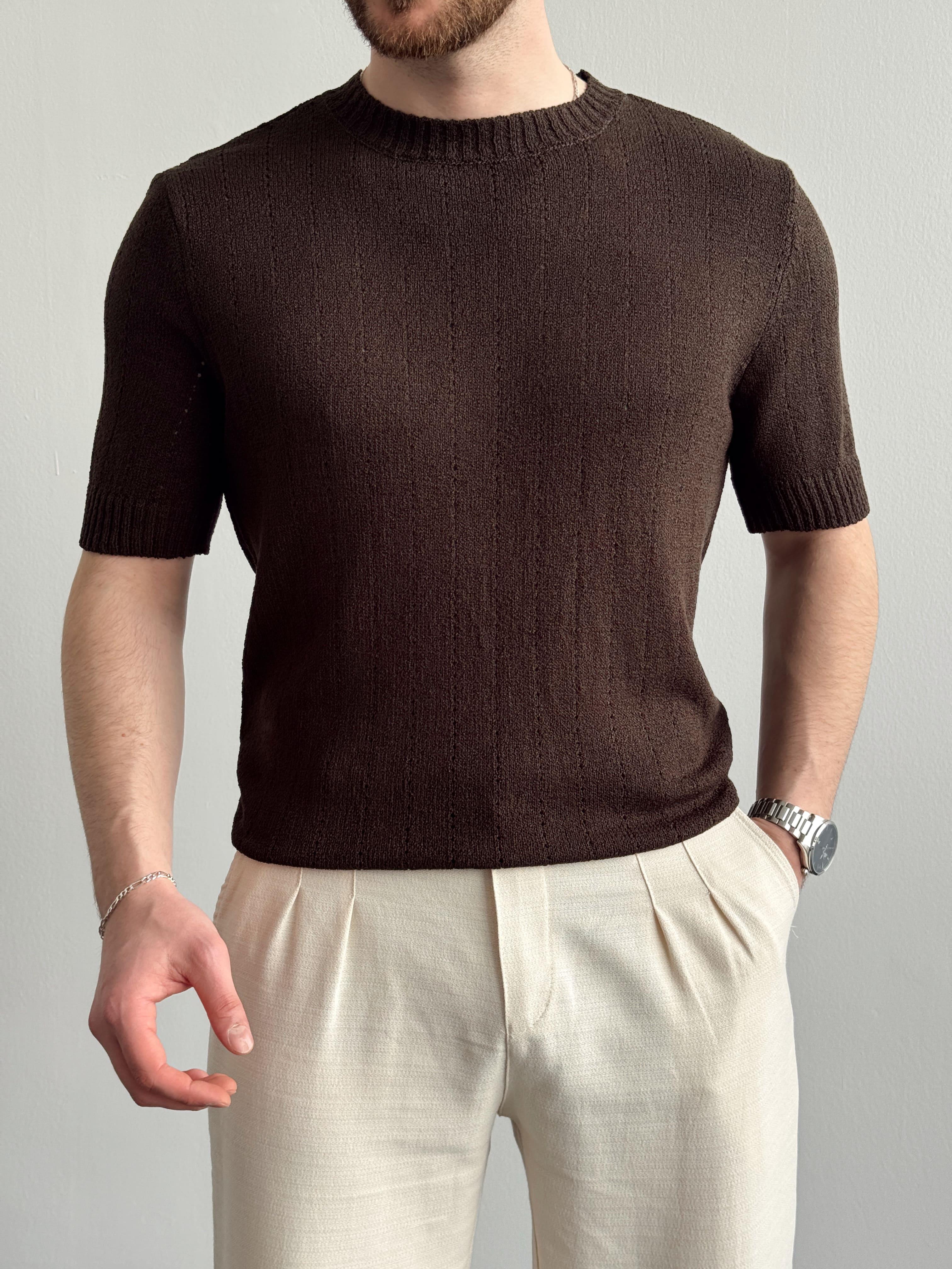 Erkek Elit Seçim Oversize Kalıp Bisiklet Yaka Desenli Triko T-Shirt-Kahverengi(E1336)Ketench