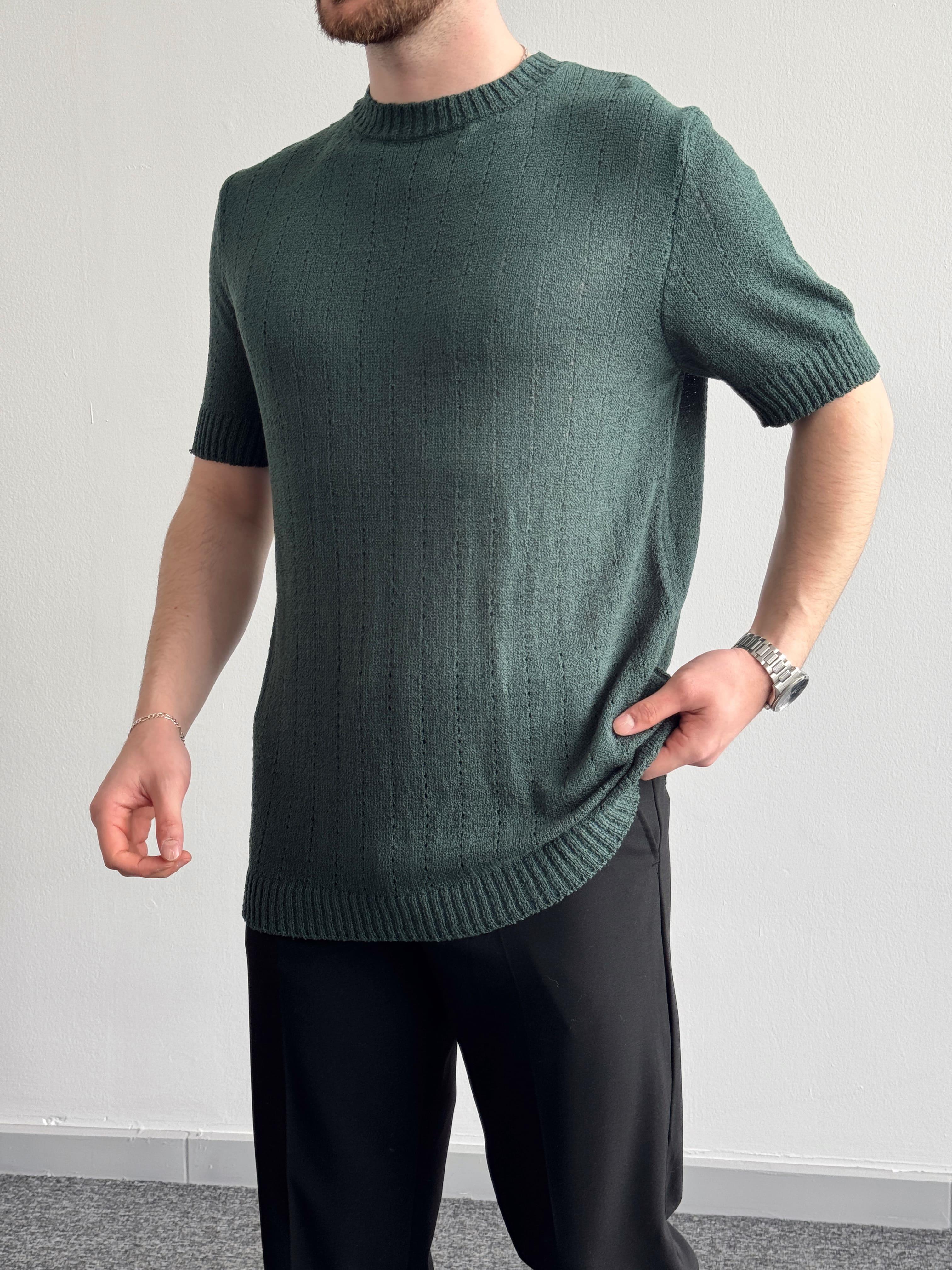 Erkek Elit Seçim Oversize Kalıp Bisiklet Yaka Desenli Triko T-Shirt-Zümrüt(E1336)Ketench