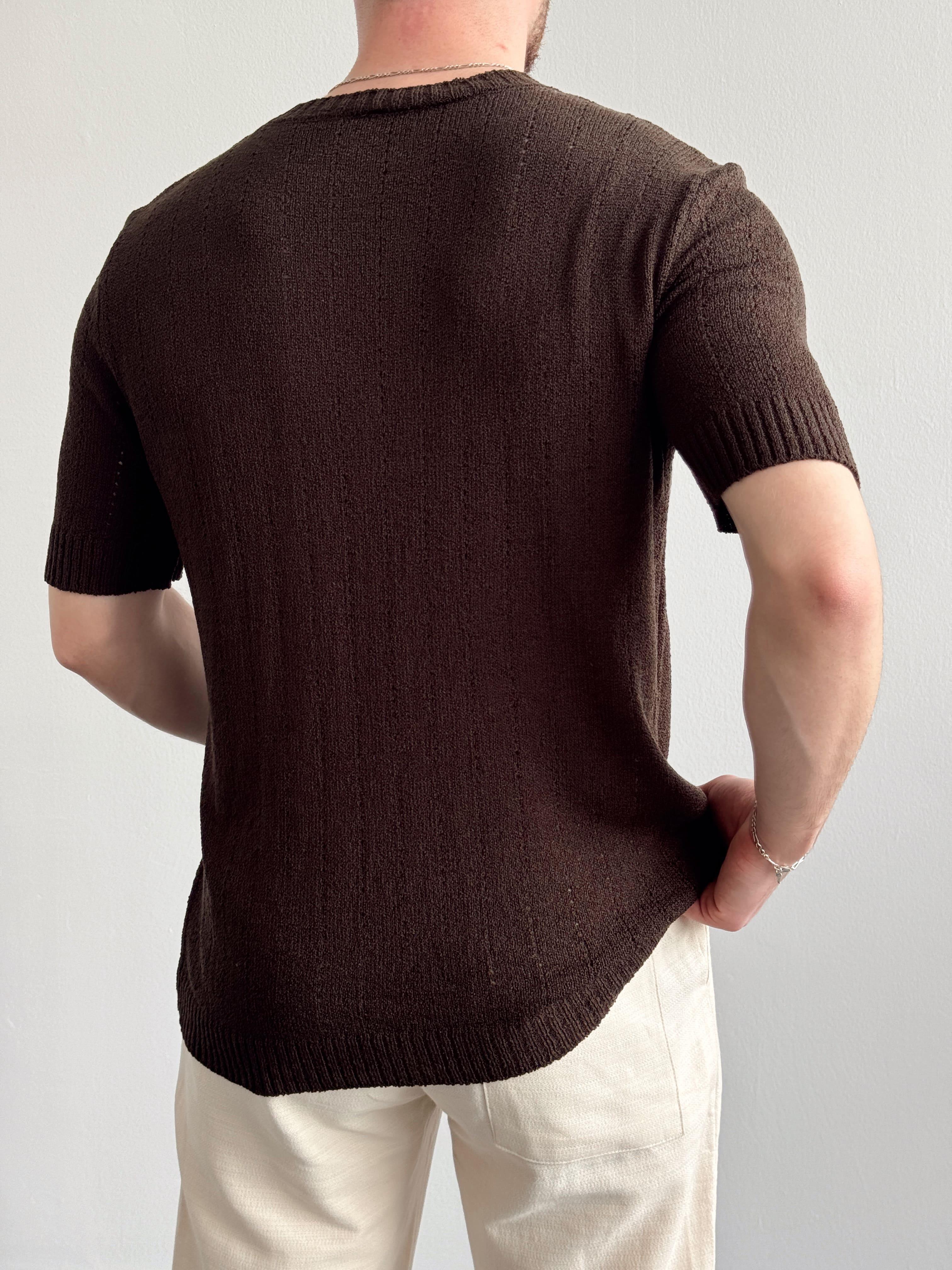 Erkek Elit Seçim Oversize Kalıp Bisiklet Yaka Desenli Triko T-Shirt-Kahverengi(E1336)Ketench