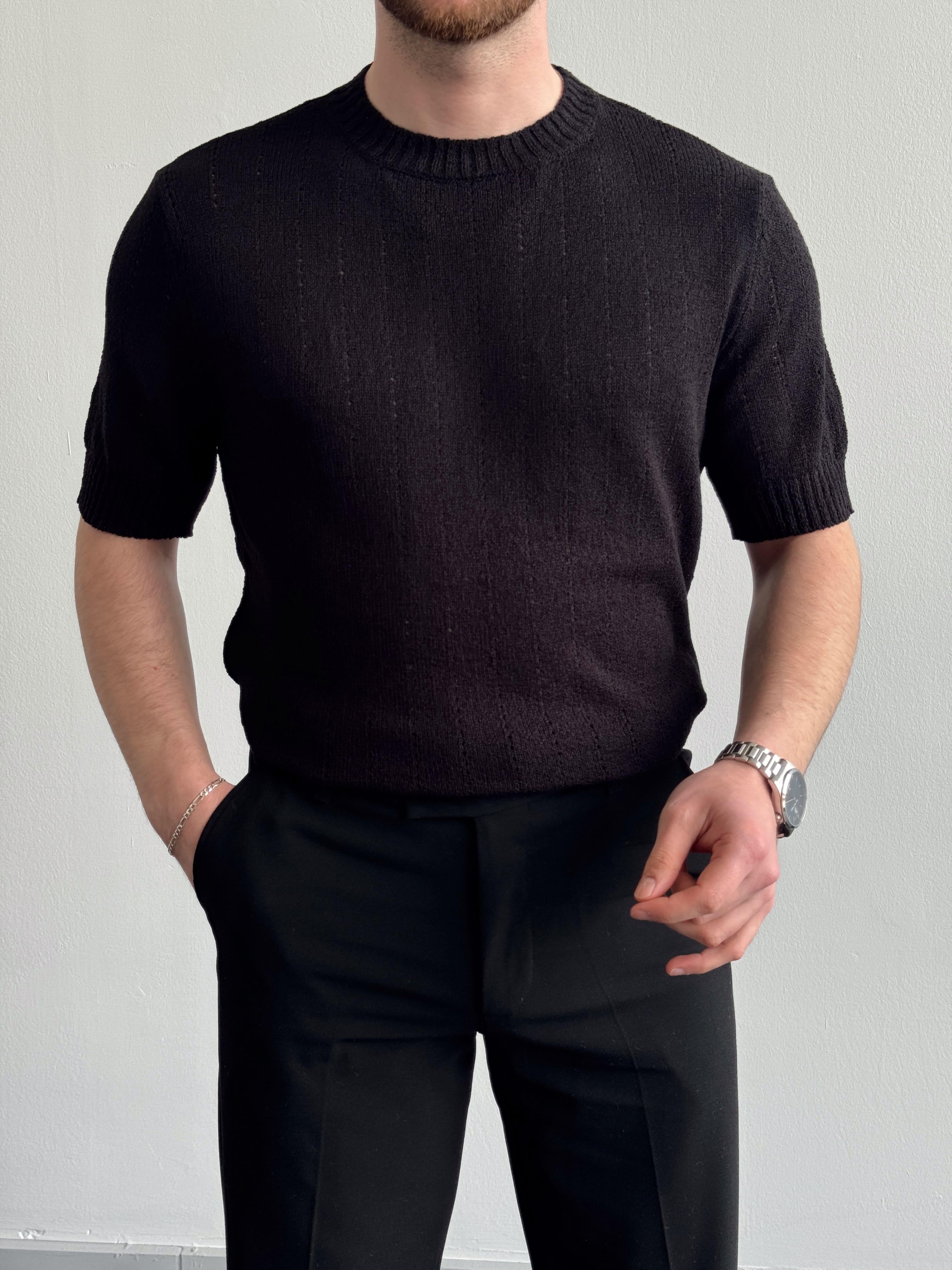 Erkek Elit Seçim Oversize Kalıp Bisiklet Yaka Desenli Triko T-Shirt-Siyah(E1336)Ketench
