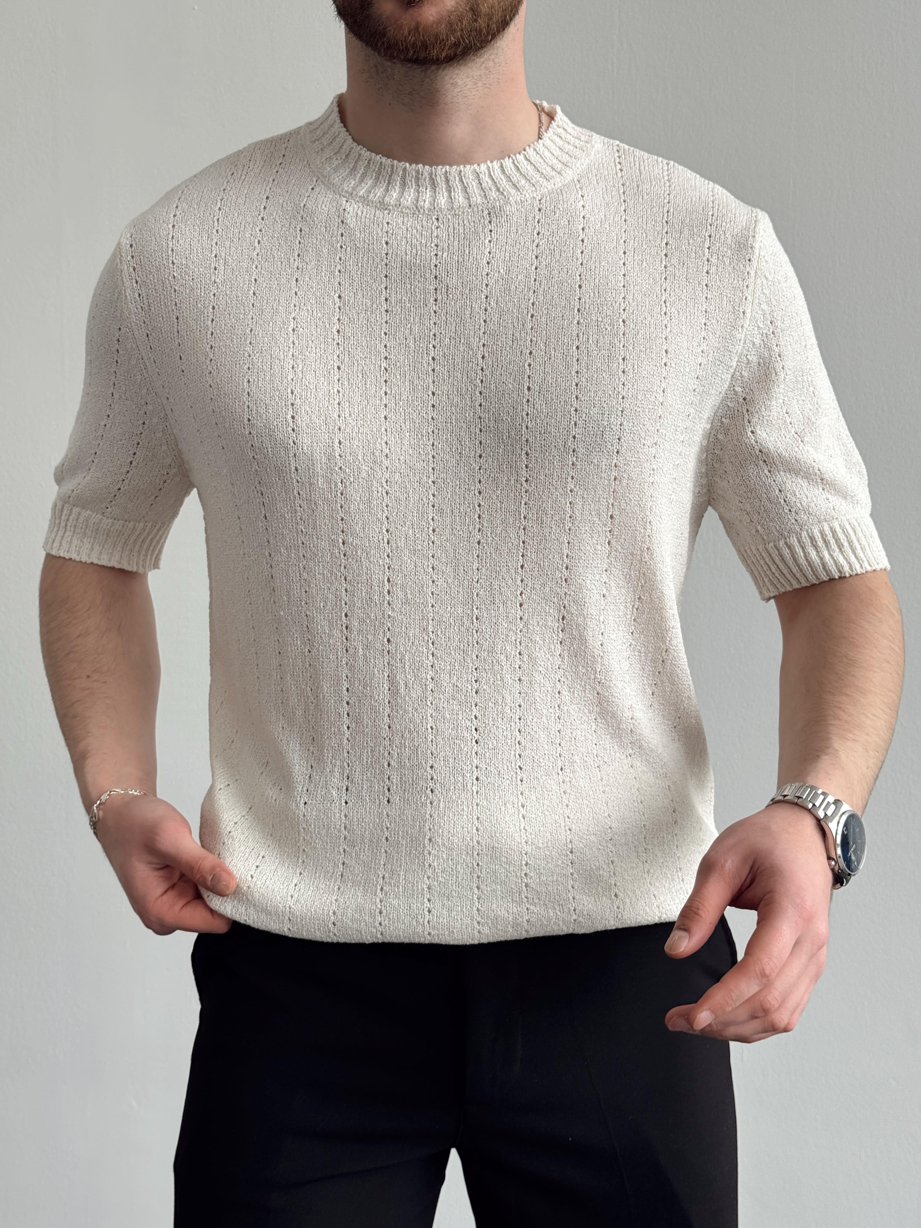Erkek Elit Seçim Oversize Kalıp Bisiklet Yaka Desenli Triko T-Shirt-Bej(E1336)Ketench