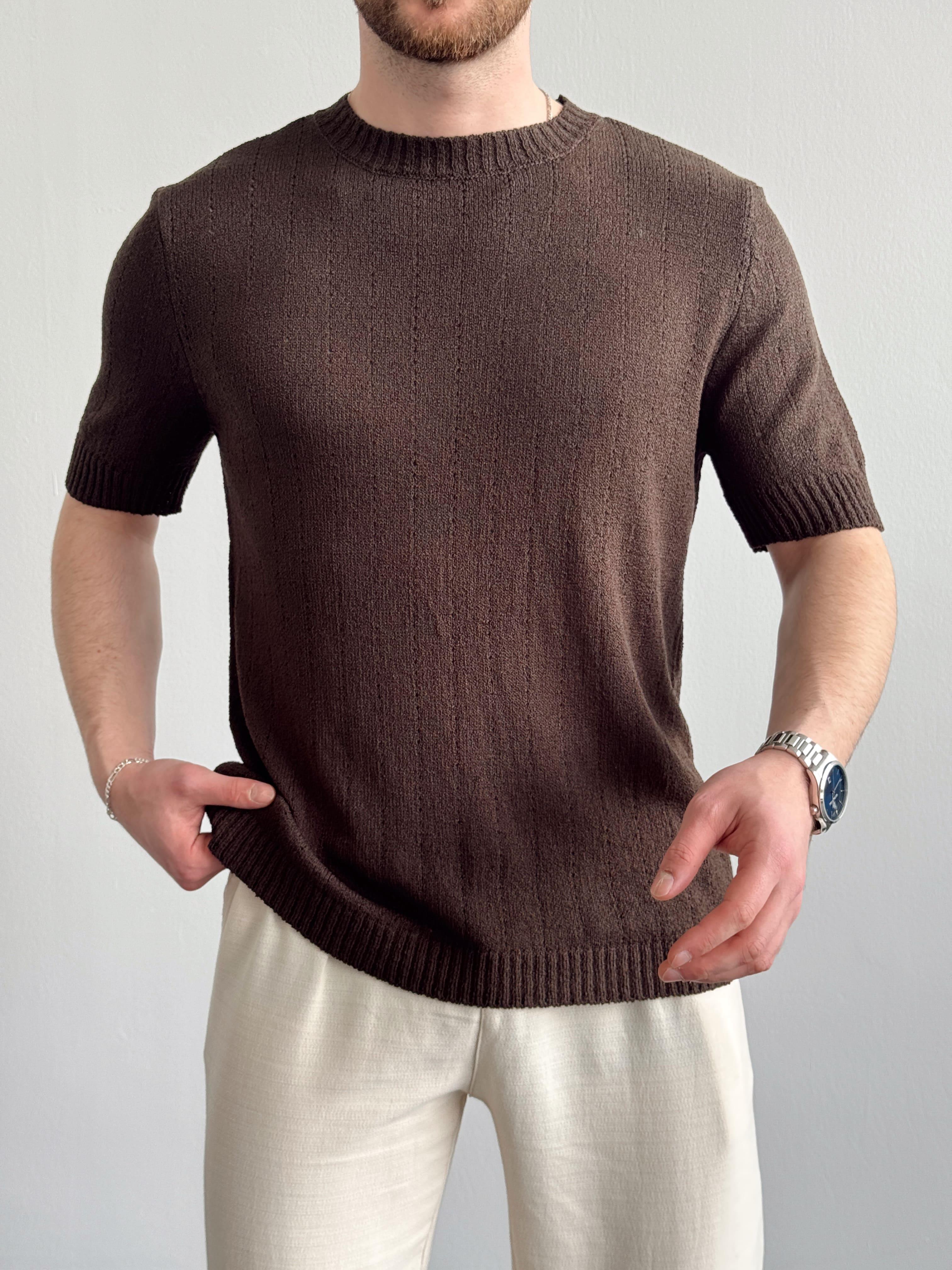 Erkek Elit Seçim Oversize Kalıp Bisiklet Yaka Desenli Triko T-Shirt-Kahverengi(E1336)Ketench