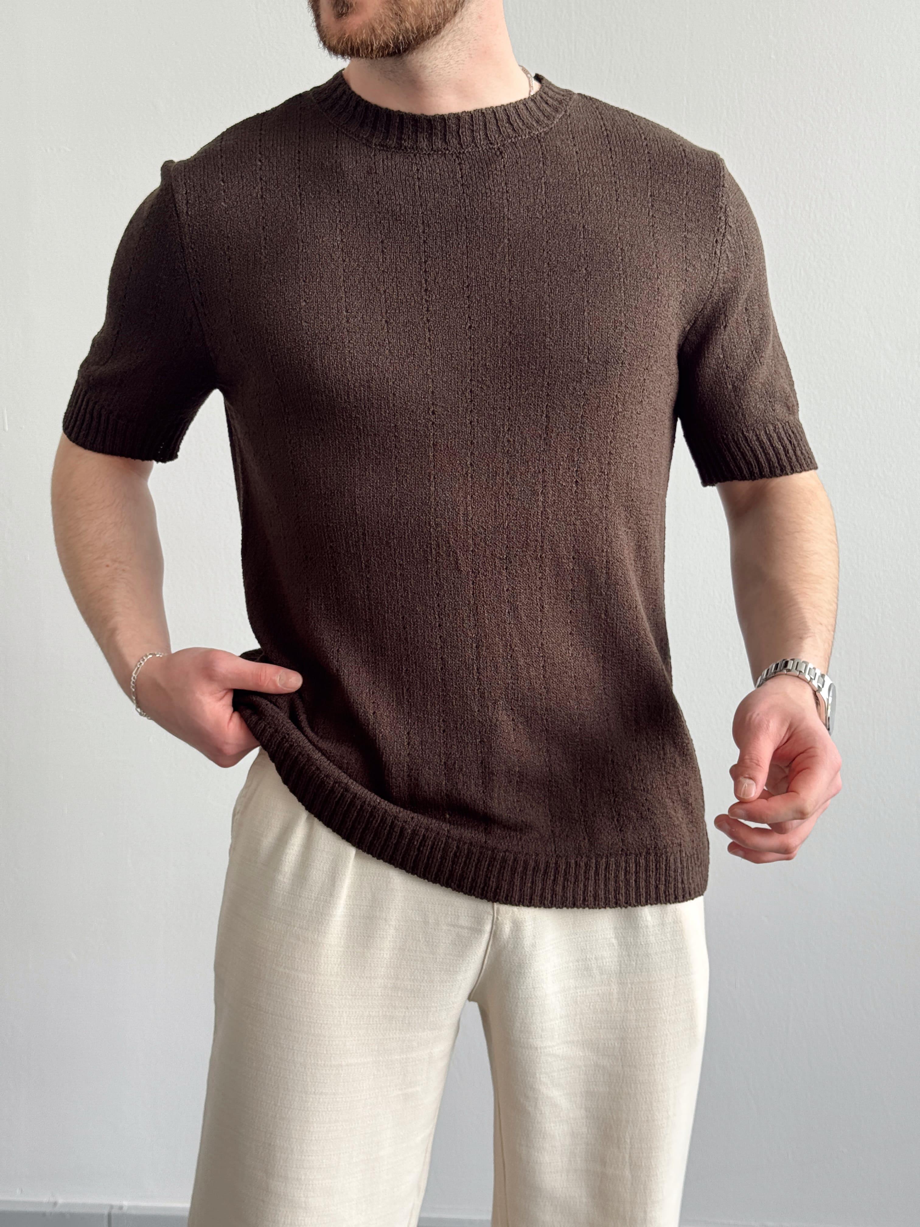 Erkek Elit Seçim Oversize Kalıp Bisiklet Yaka Desenli Triko T-Shirt-Kahverengi(E1336)Ketench