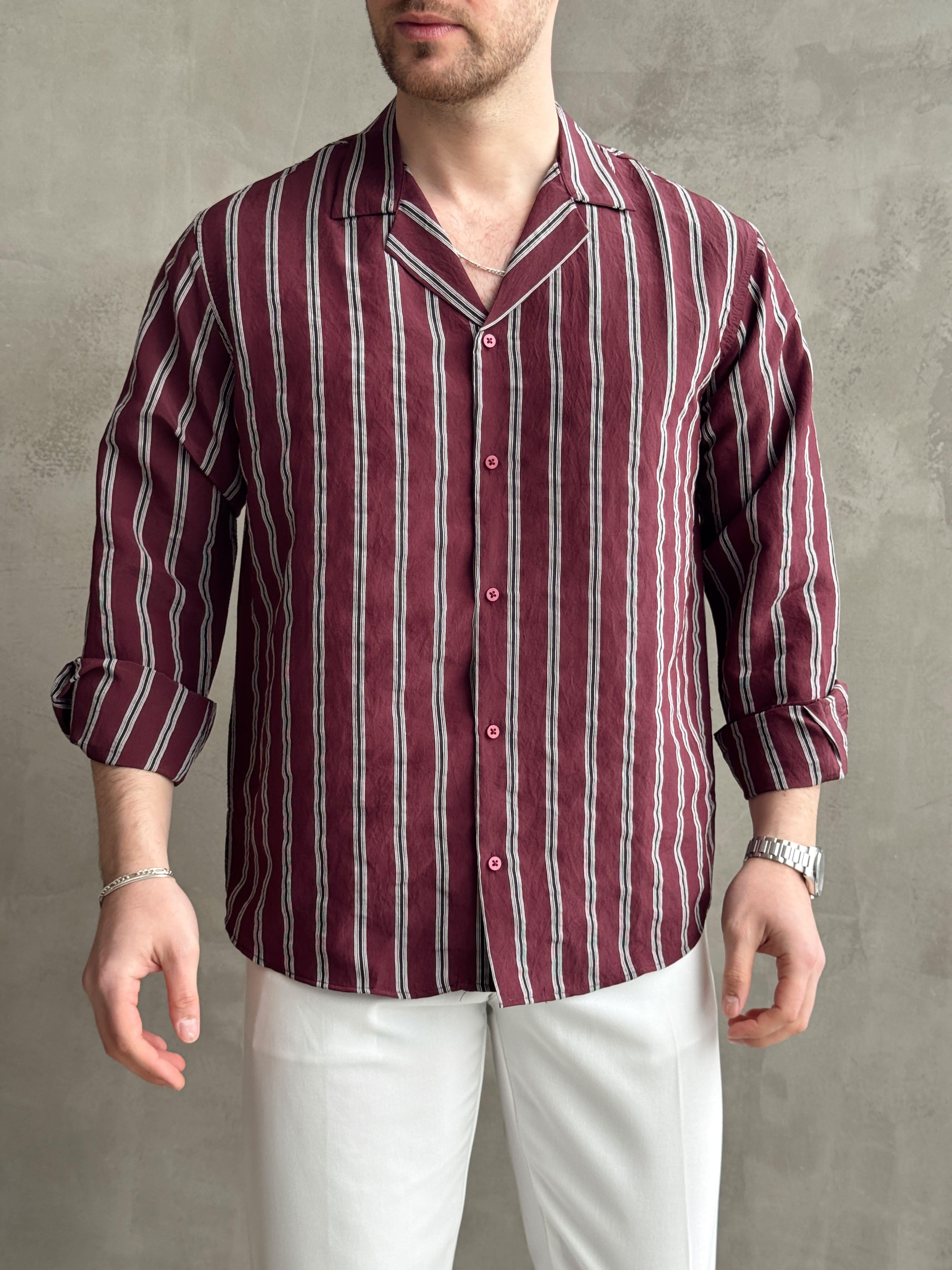 Erkek Elit Seçim Oversize Kalıp Çizgi Detaylı Dökümlü Kumaş Gömlek-Bordo(E1643)Ketench