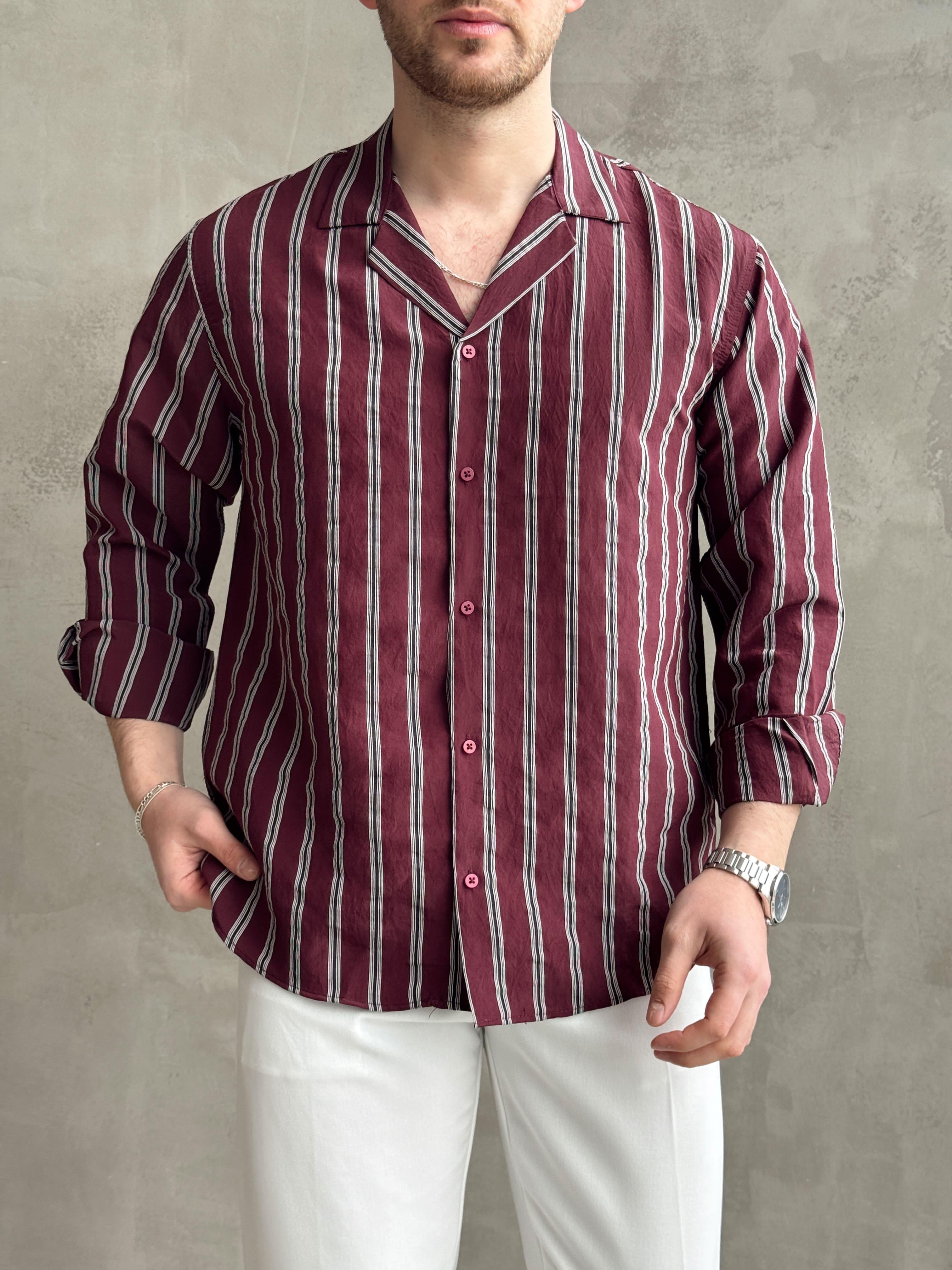 Erkek Elit Seçim Oversize Kalıp Çizgi Detaylı Dökümlü Kumaş Gömlek-Bordo(E1643)Ketench