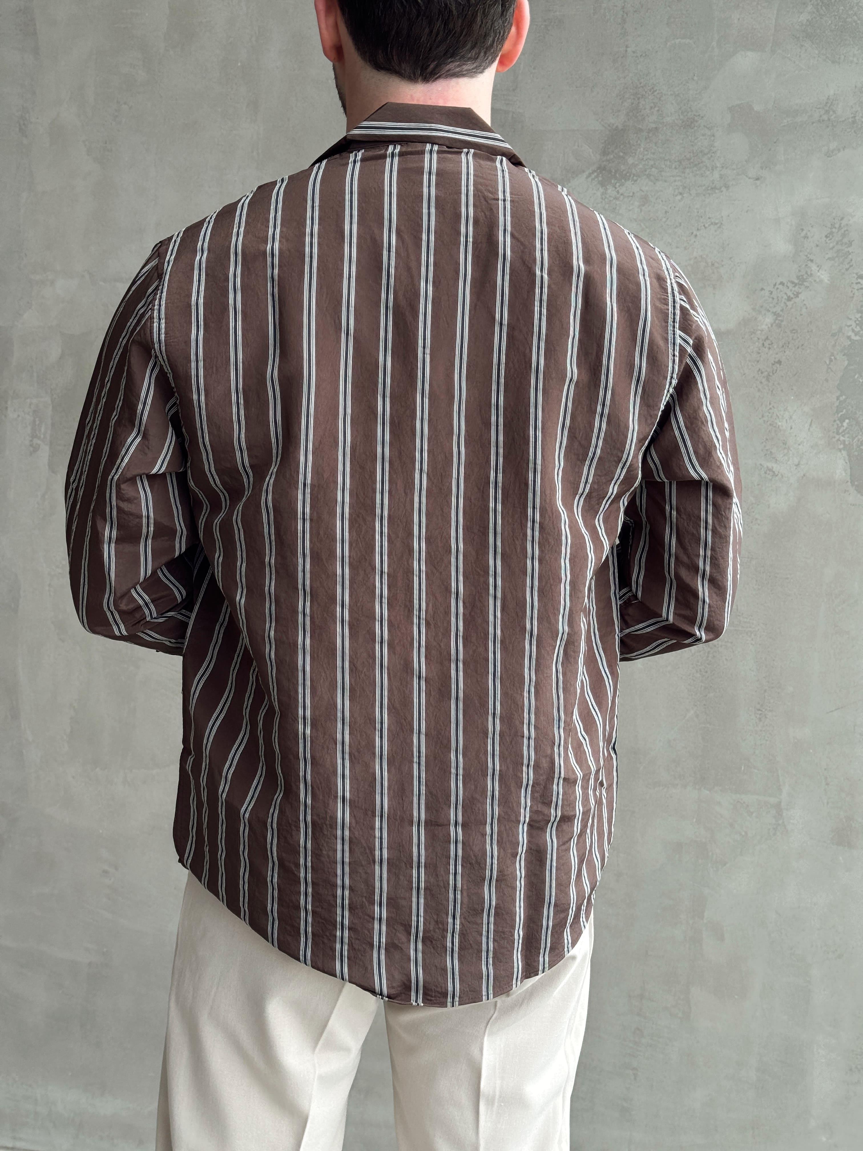 Erkek Elit Seçim Oversize Kalıp Çizgi Detaylı Dökümlü Kumaş Gömlek-Kahverengi(E1643)Ketench