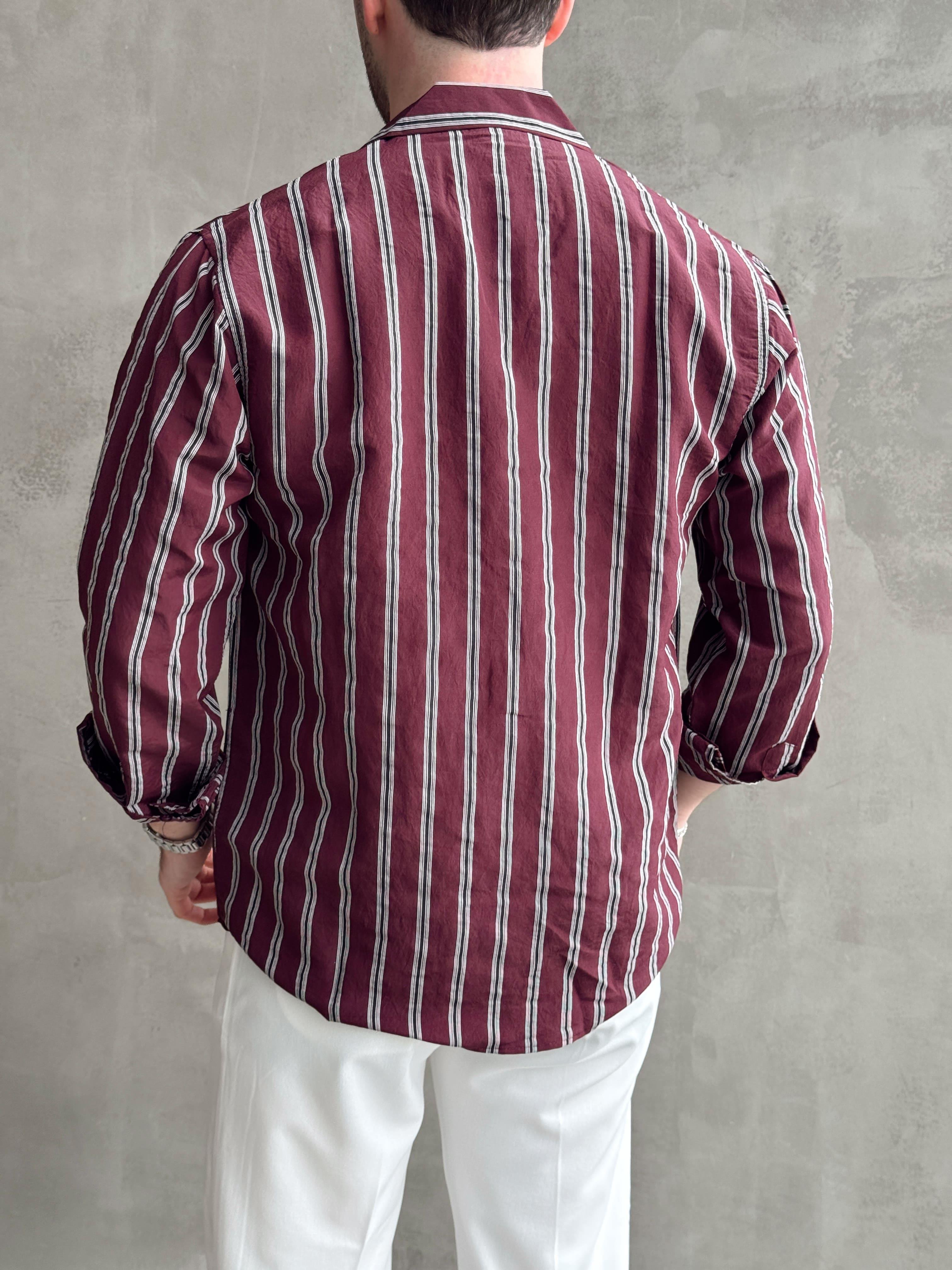 Erkek Elit Seçim Oversize Kalıp Çizgi Detaylı Dökümlü Kumaş Gömlek-Bordo(E1643)Ketench