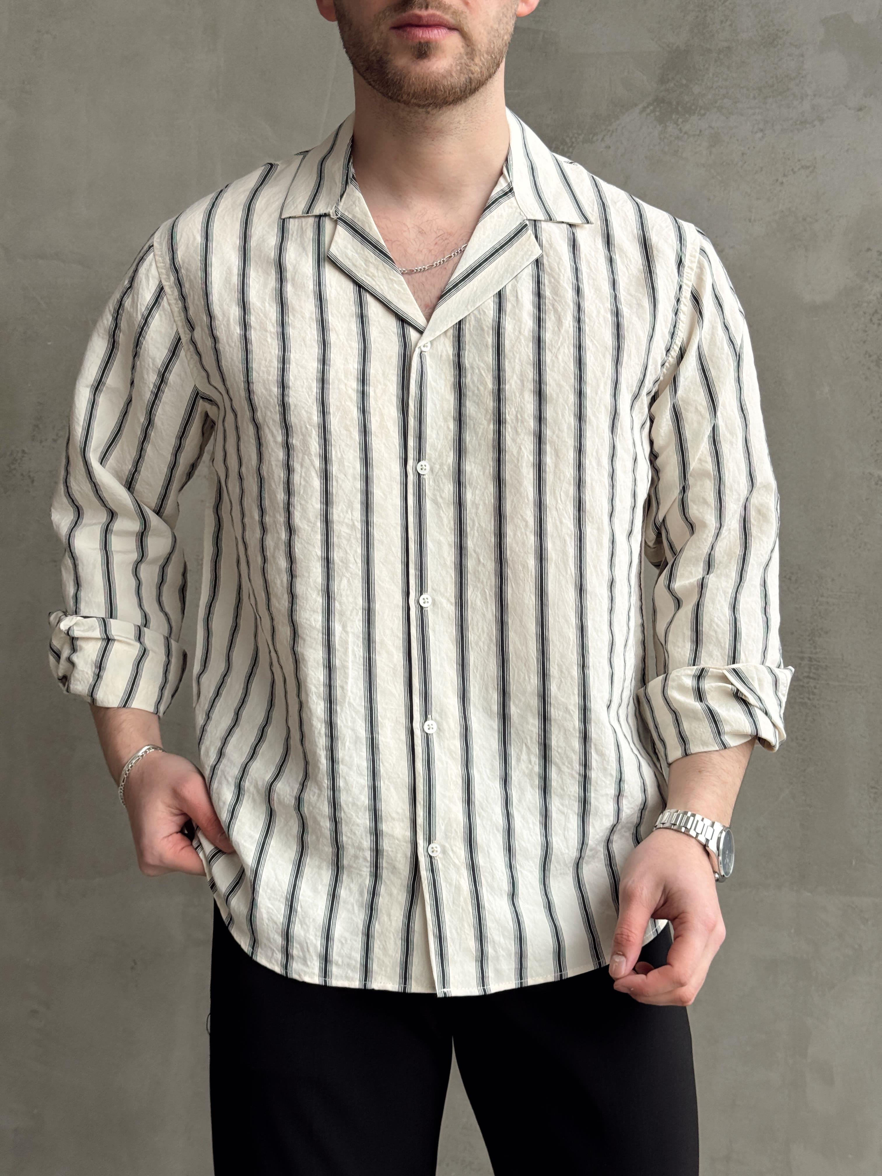 Erkek Elit Seçim Oversize Kalıp Çizgi Detaylı Dökümlü Kumaş Gömlek-Bej(E1643)Ketench
