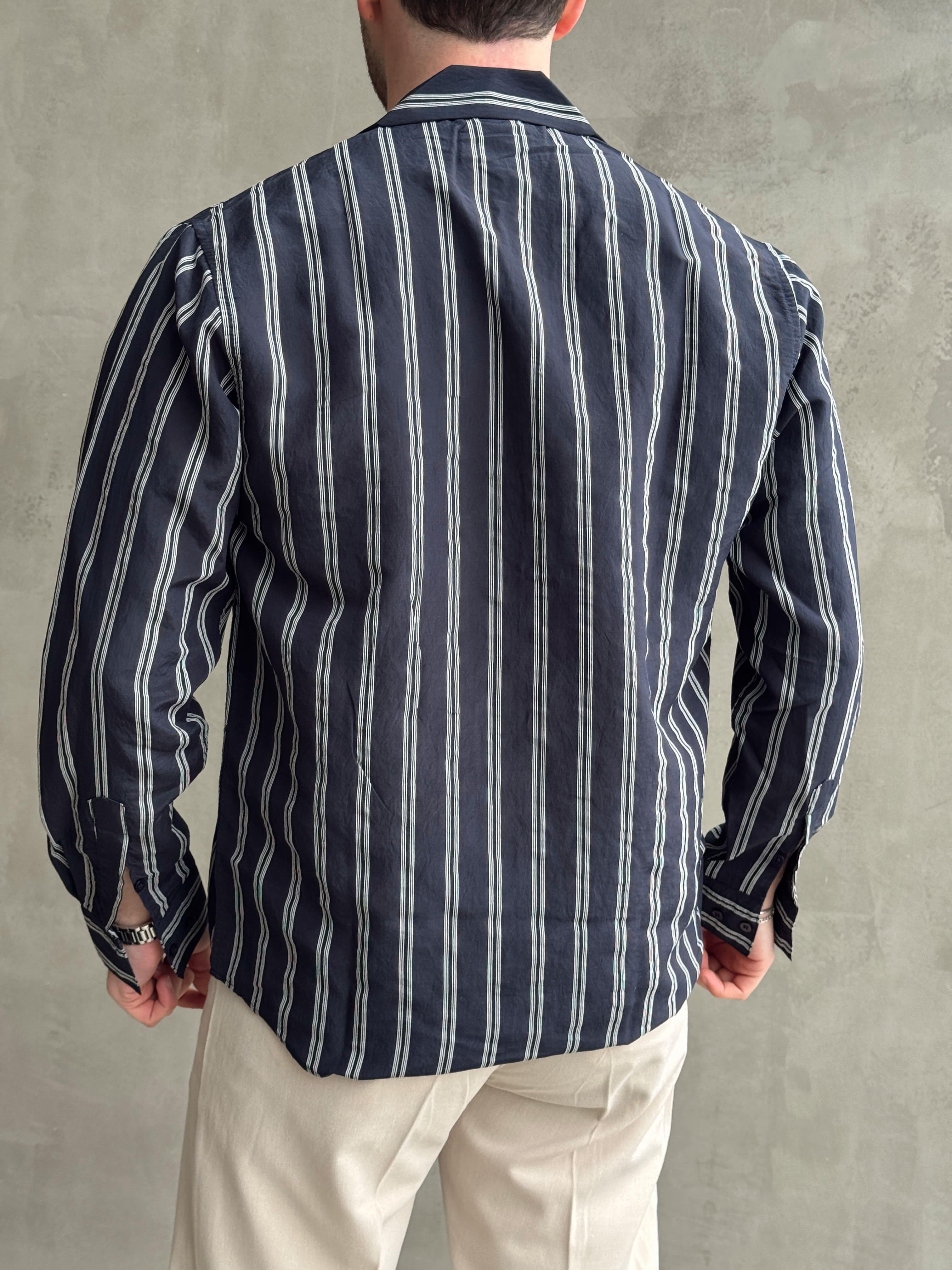 Erkek Elit Seçim Oversize Kalıp Çizgi Detaylı Dökümlü Kumaş Gömlek-Lacivert(E1643)Ketench