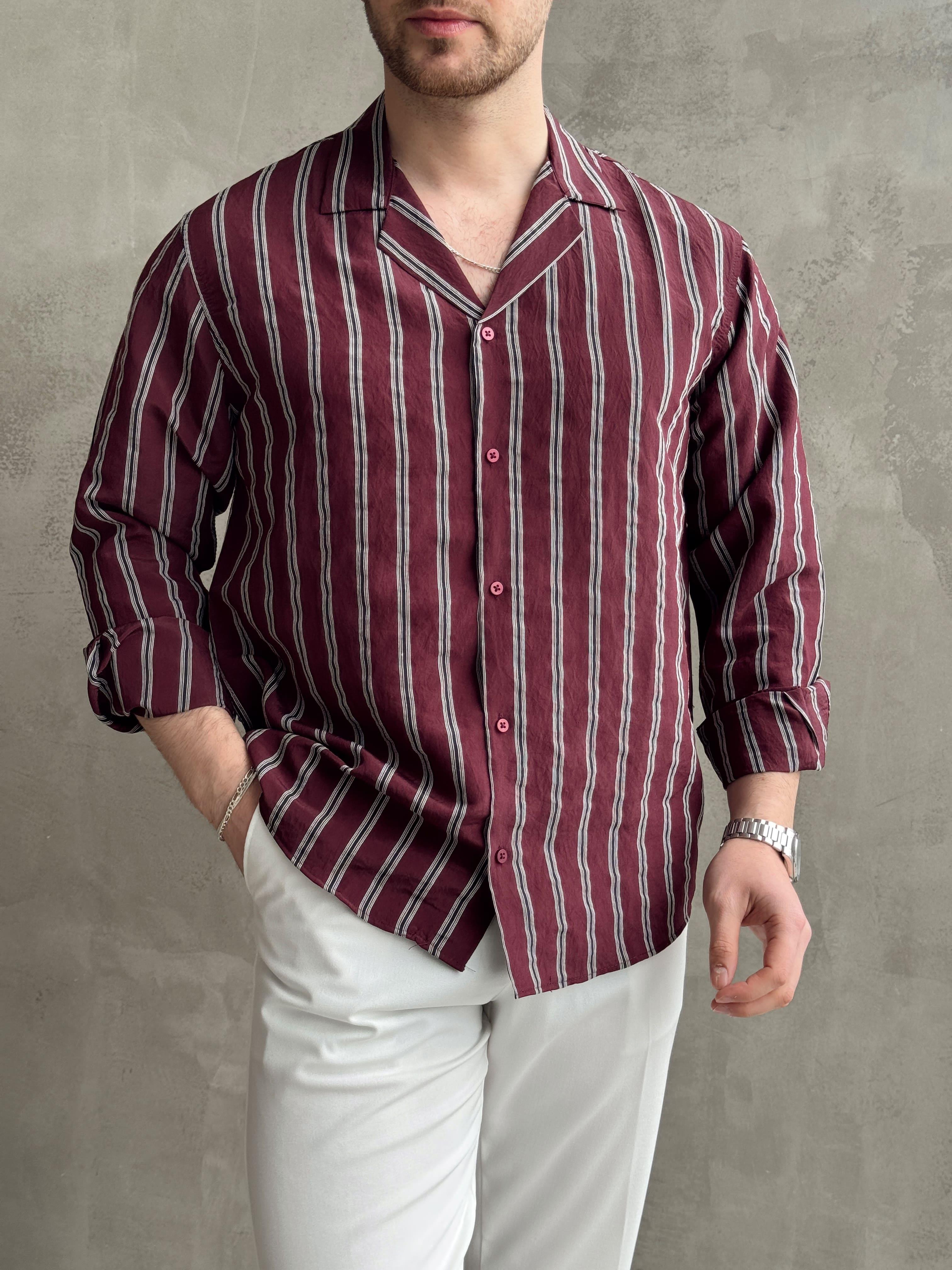Erkek Elit Seçim Oversize Kalıp Çizgi Detaylı Dökümlü Kumaş Gömlek-Bordo(E1643)Ketench