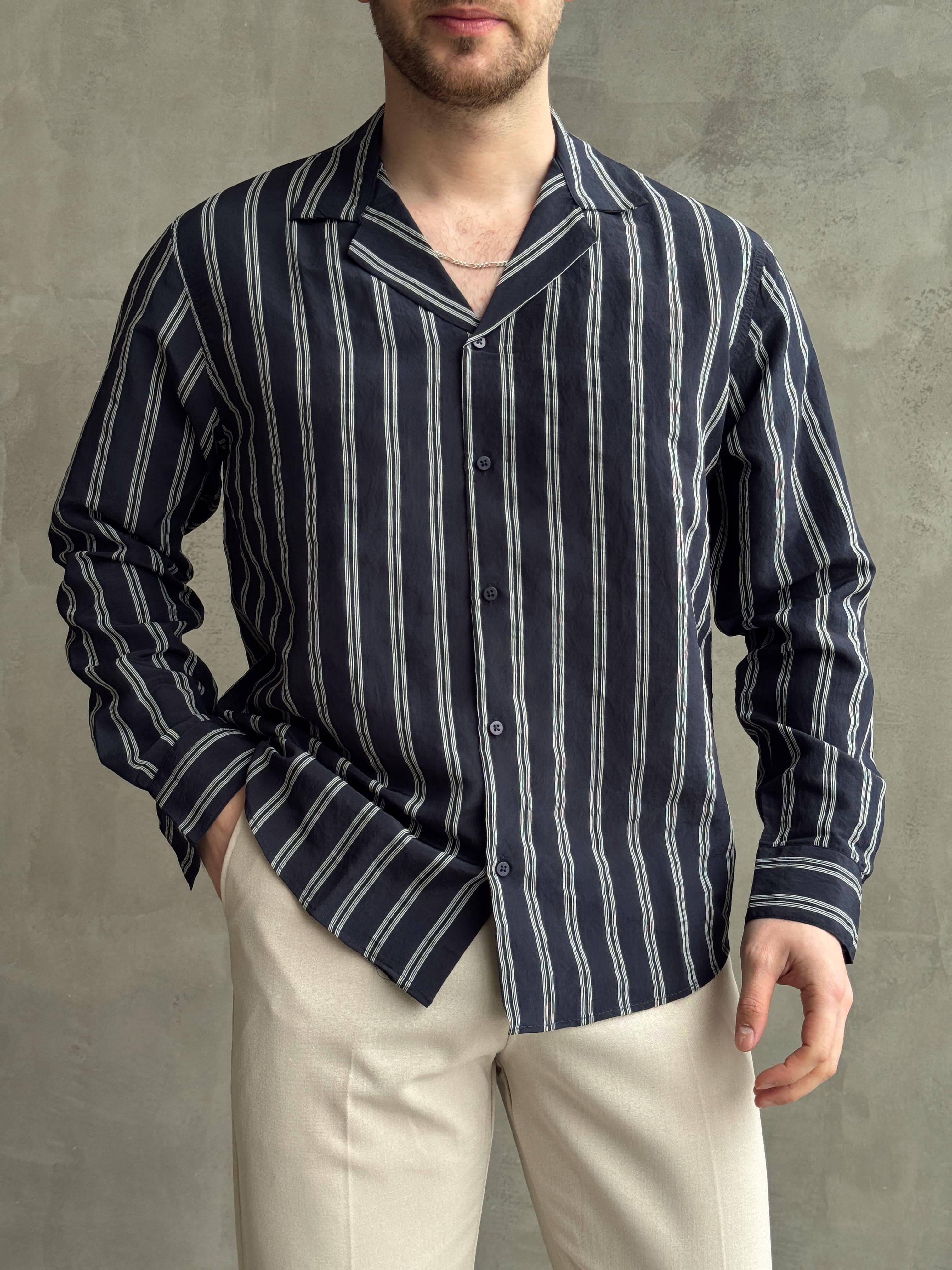 Erkek Elit Seçim Oversize Kalıp Çizgi Detaylı Dökümlü Kumaş Gömlek-Lacivert(E1643)Ketench
