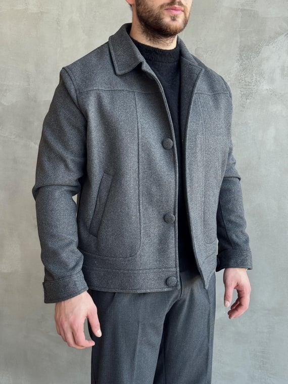 Erkek Elit Seçim Oversize Kalıp Düğme Detaylı İçi Astarlı Kaşe Ceket-Füme(E1501)Ketench