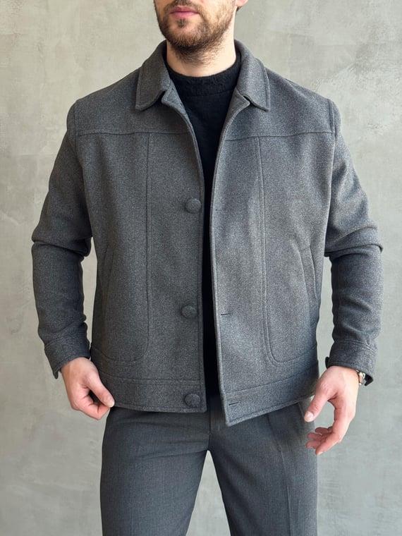 Erkek Elit Seçim Oversize Kalıp Düğme Detaylı İçi Astarlı Kaşe Ceket-Füme(E1501)Ketench