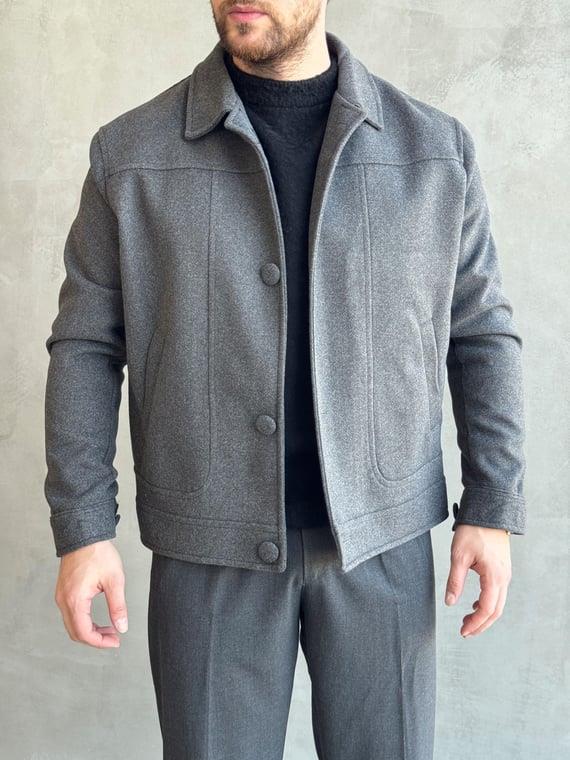 Erkek Elit Seçim Oversize Kalıp Düğme Detaylı İçi Astarlı Kaşe Ceket-Füme(E1501)Ketench