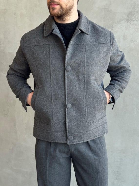 Erkek Elit Seçim Oversize Kalıp Düğme Detaylı İçi Astarlı Kaşe Ceket-Füme(E1501)Ketench