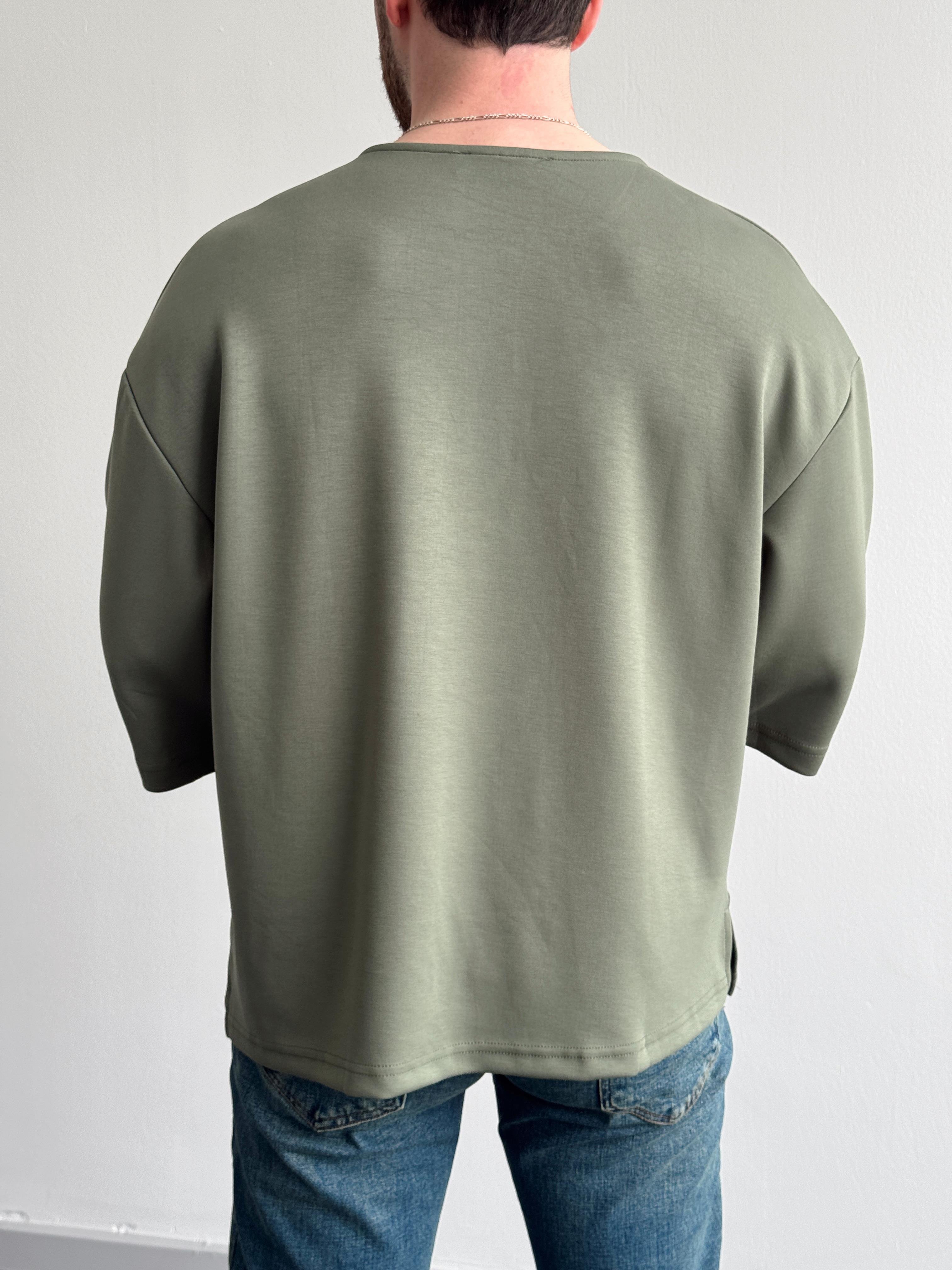 Erkek Elit Seçim Oversize Kalıp Fakir Kol Detay Düz T-Shirt-Yeşil(E1312)Ketench