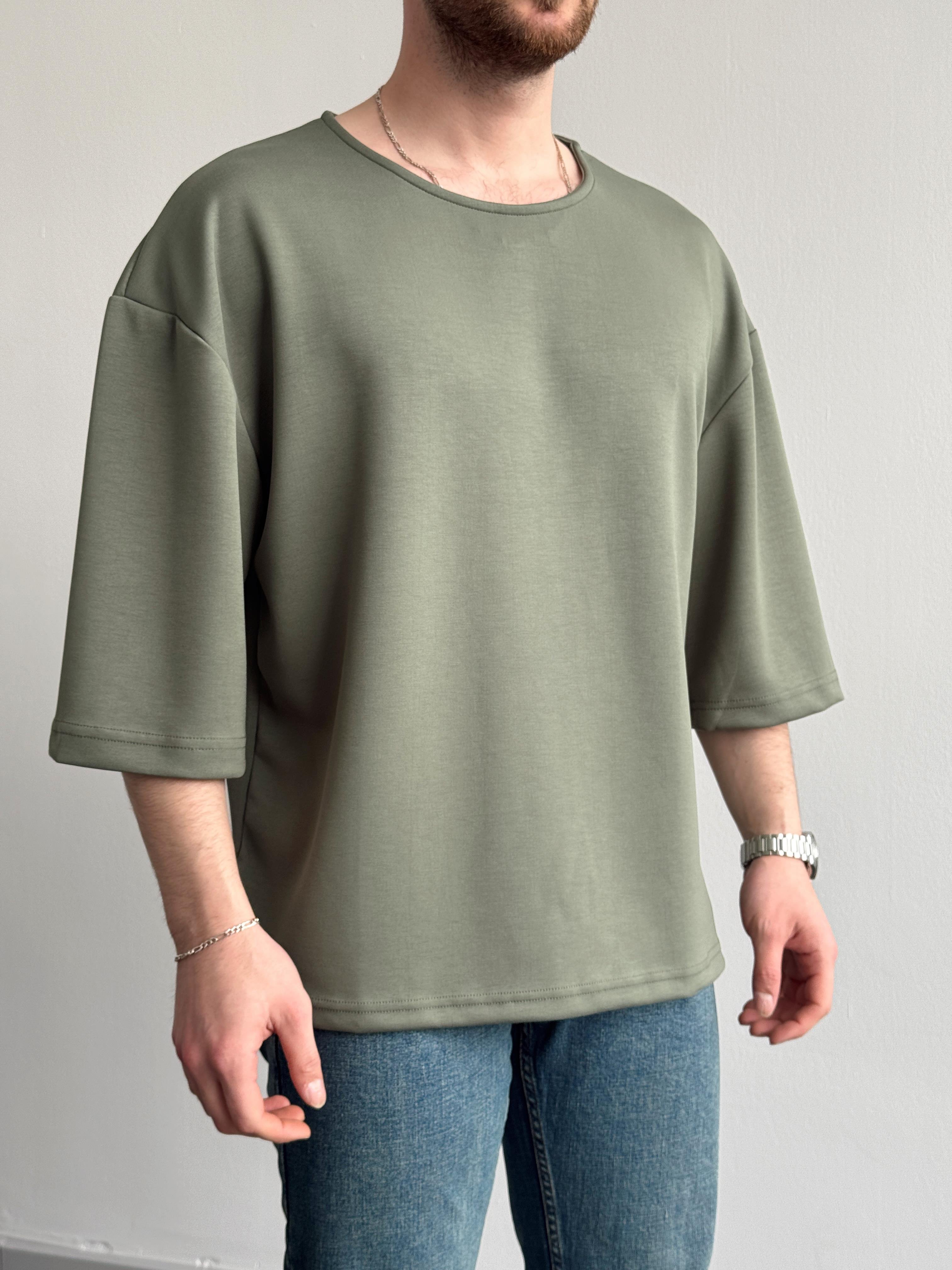 Erkek Elit Seçim Oversize Kalıp Fakir Kol Detay Düz T-Shirt-Yeşil(E1312)Ketench