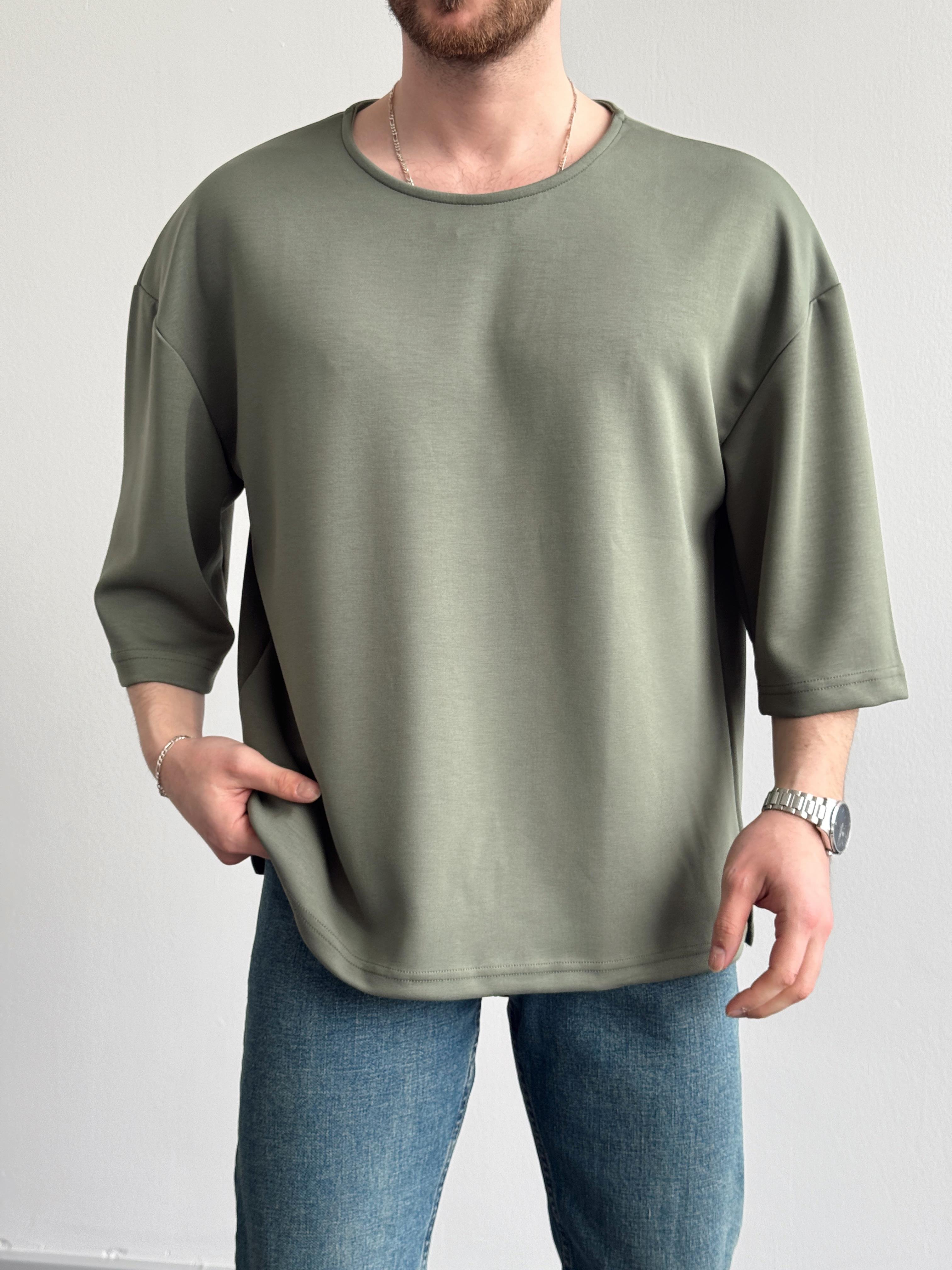 Erkek Elit Seçim Oversize Kalıp Fakir Kol Detay Düz T-Shirt-Yeşil(E1312)Ketench
