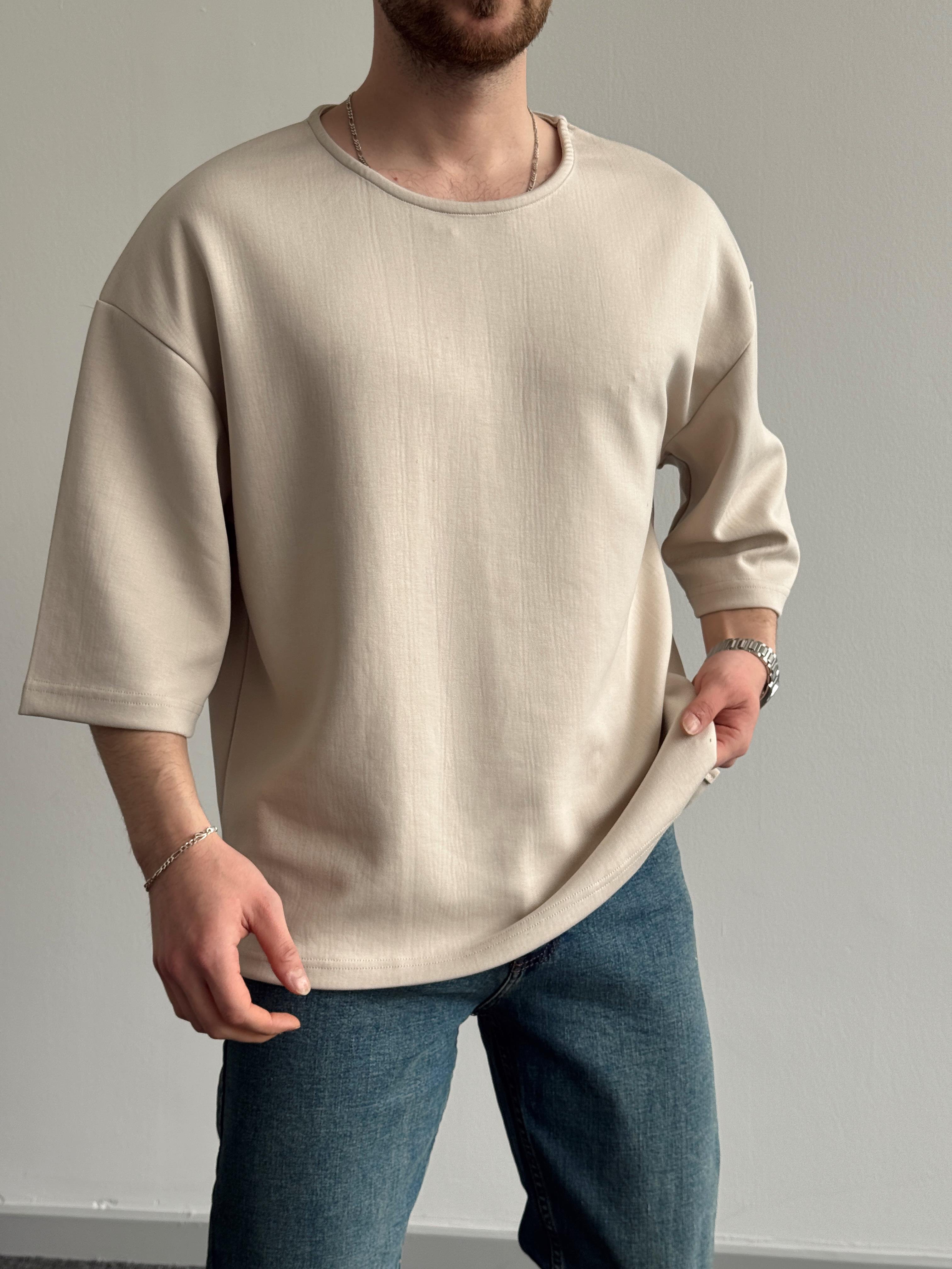 Erkek Elit Seçim Oversize Kalıp Fakir Kol Detay Düz T-Shirt-Krem(E1312)Ketench