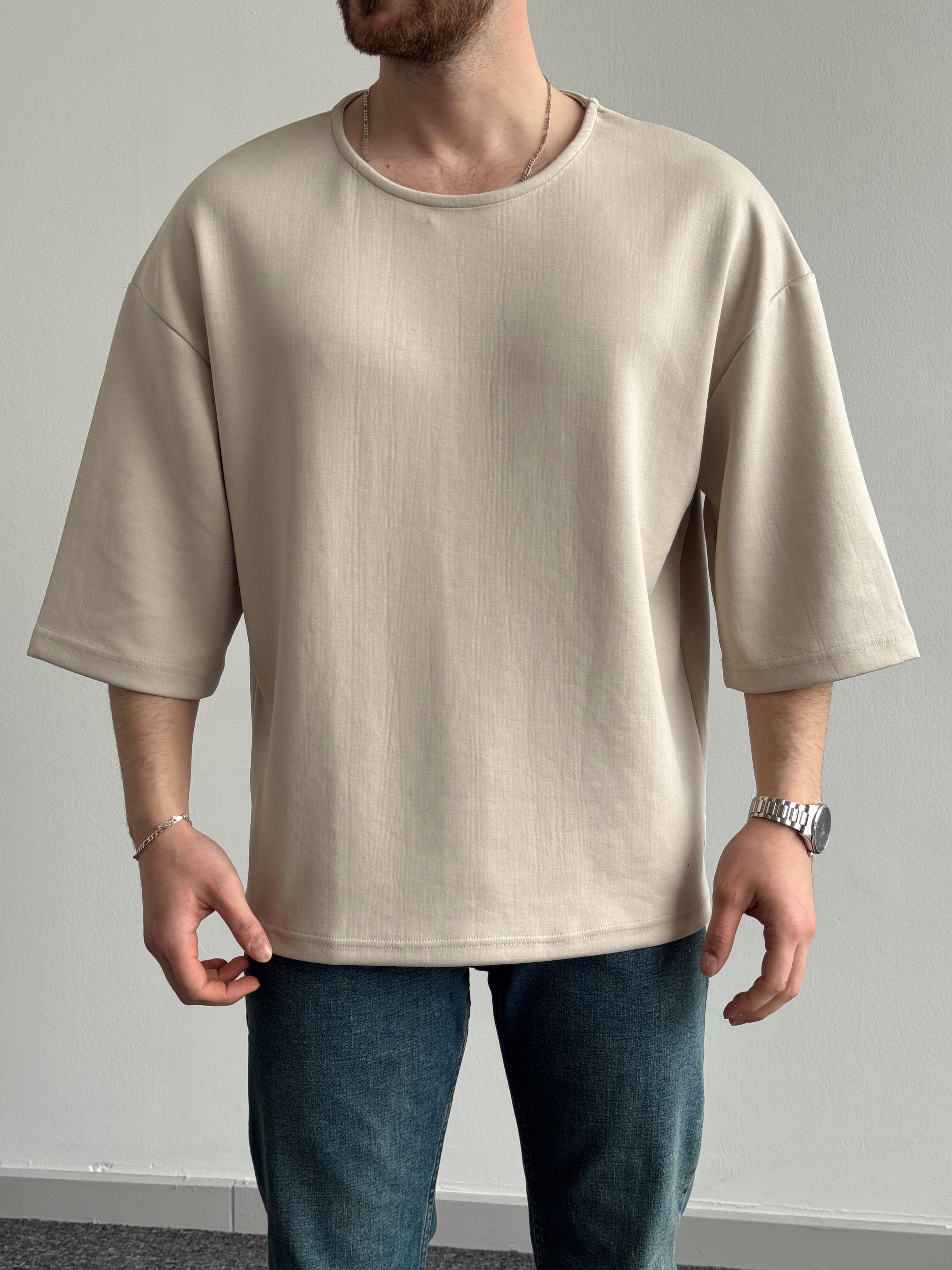Erkek Elit Seçim Oversize Kalıp Fakir Kol Detay Düz T-Shirt-Krem(E1312)Ketench