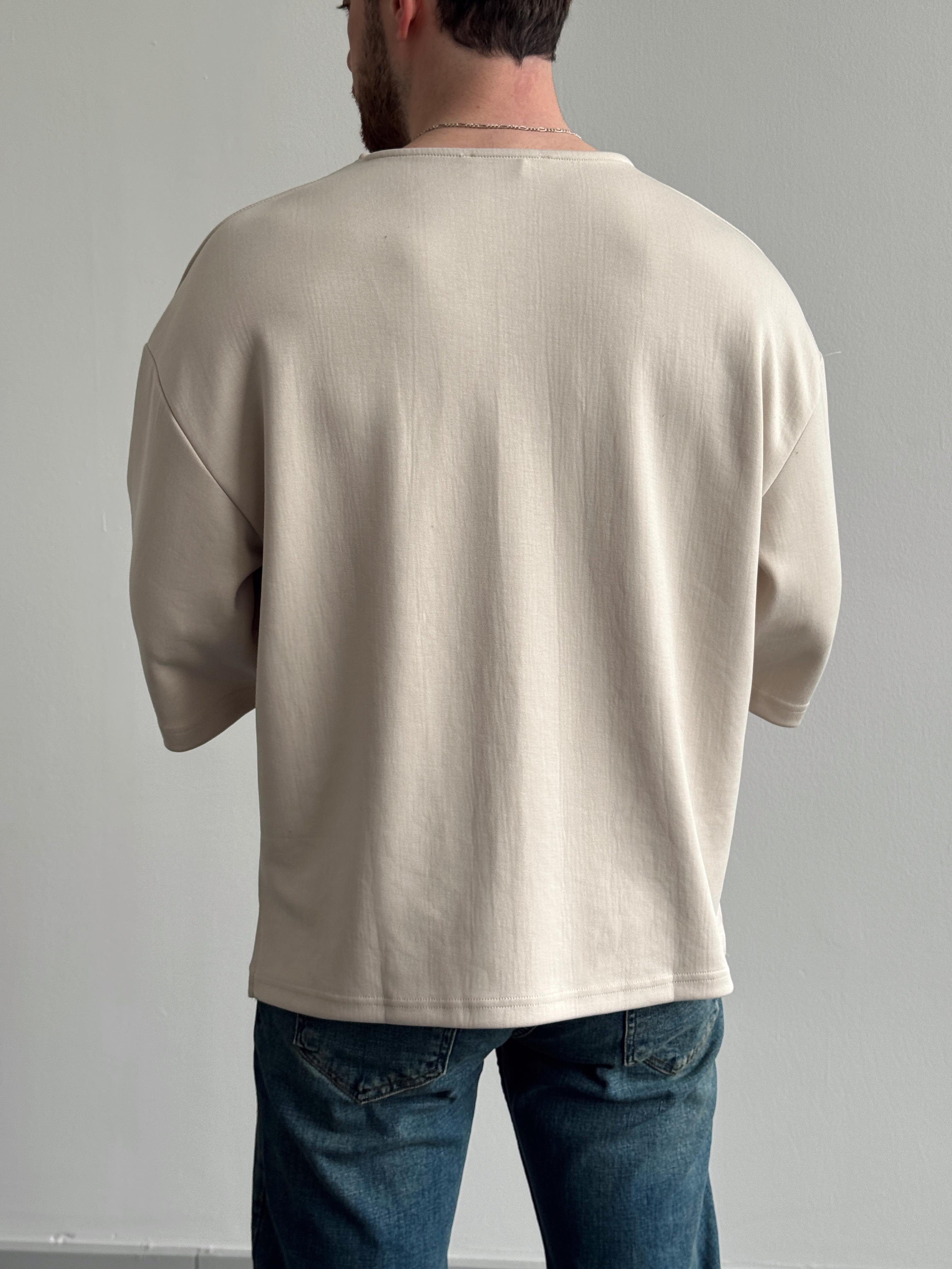 Erkek Elit Seçim Oversize Kalıp Fakir Kol Detay Düz T-Shirt-Krem(E1312)Ketench