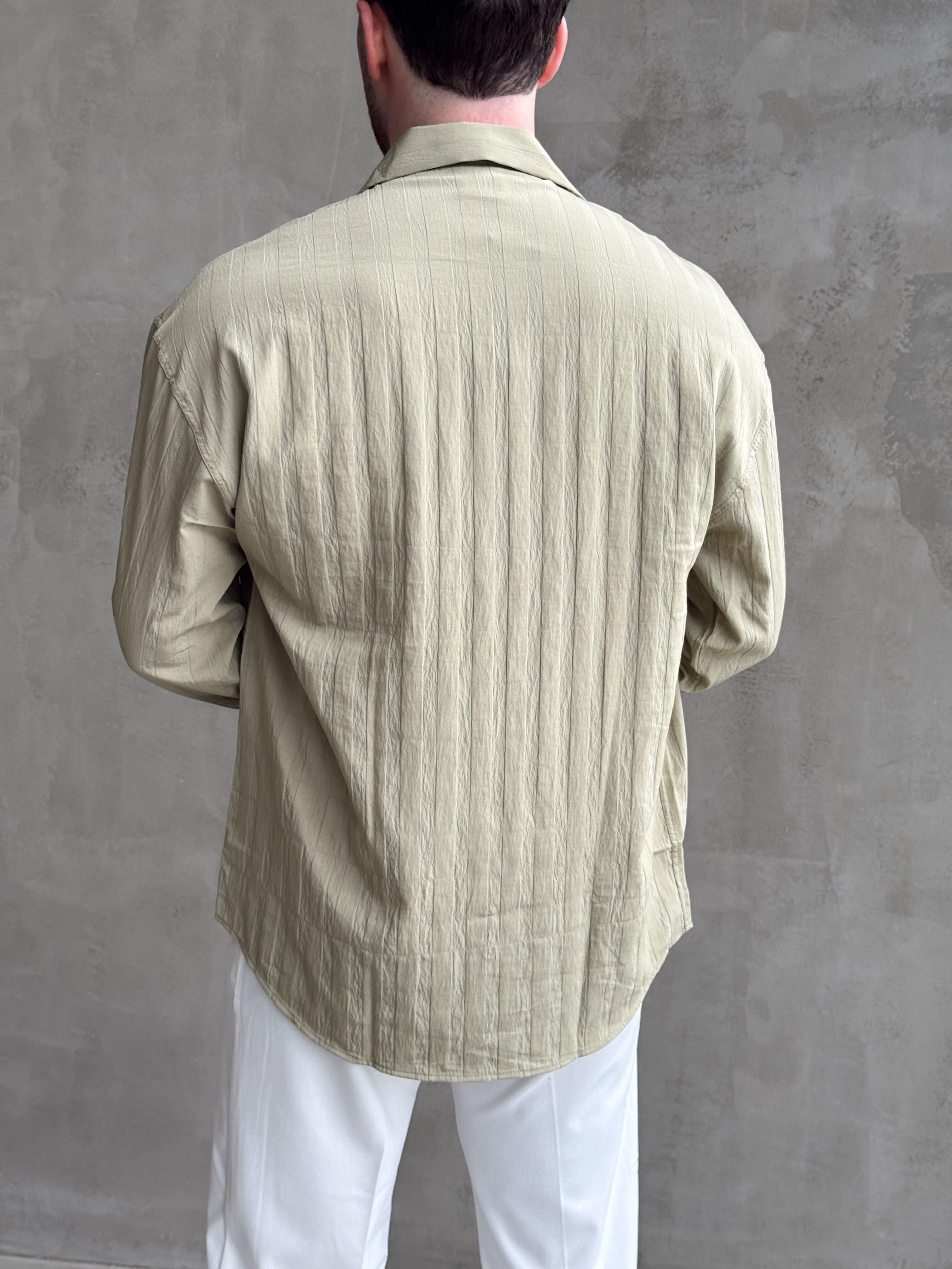 Erkek Elit Seçim Oversize Kalıp Şerit Detaylı Krinkıl Kumaş Gömlek-Haki(E1644)Ketench