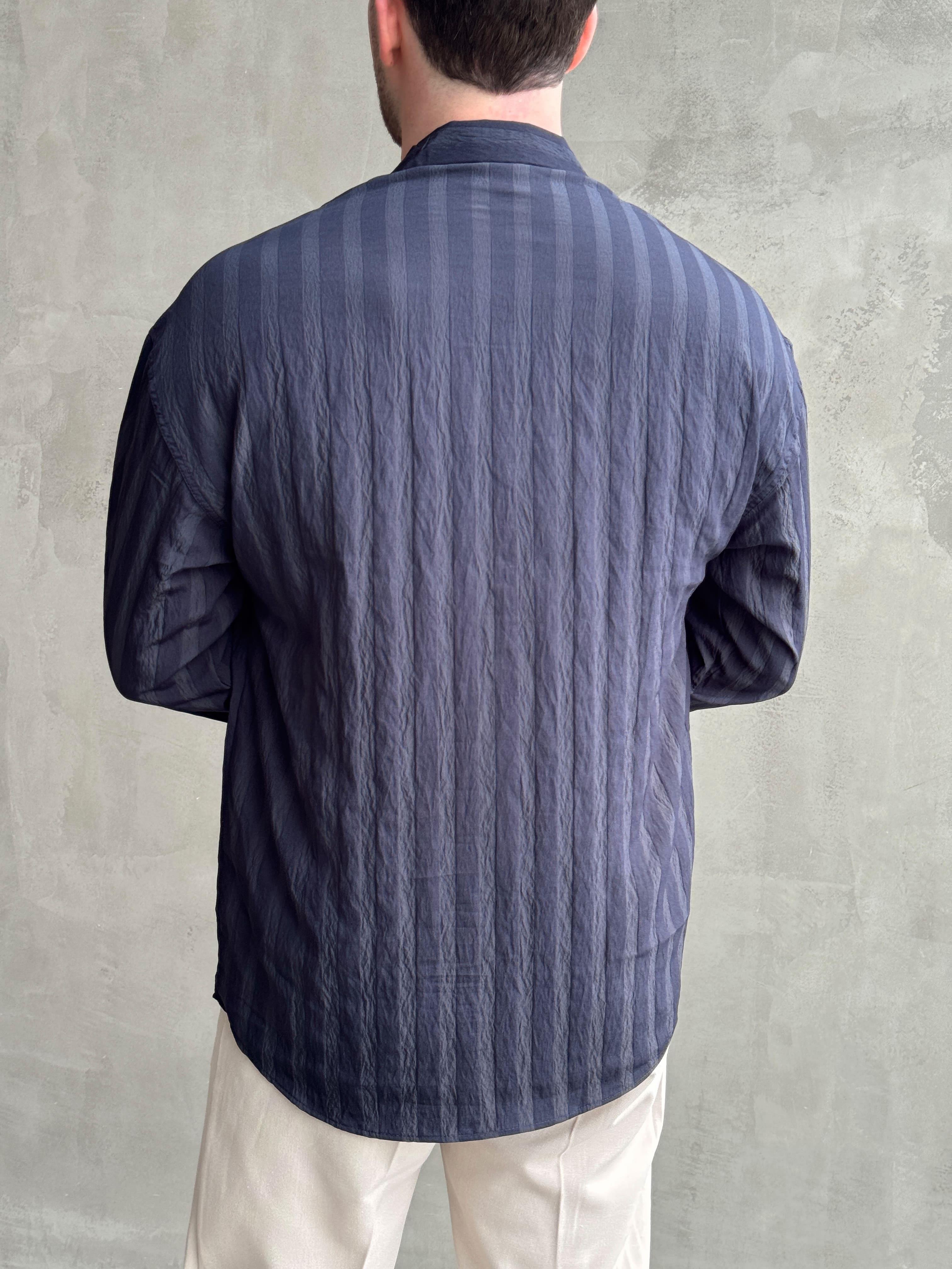 Erkek Elit Seçim Oversize Kalıp Şerit Detaylı Krinkıl Kumaş Gömlek-Lacivert(E1644)Ketench