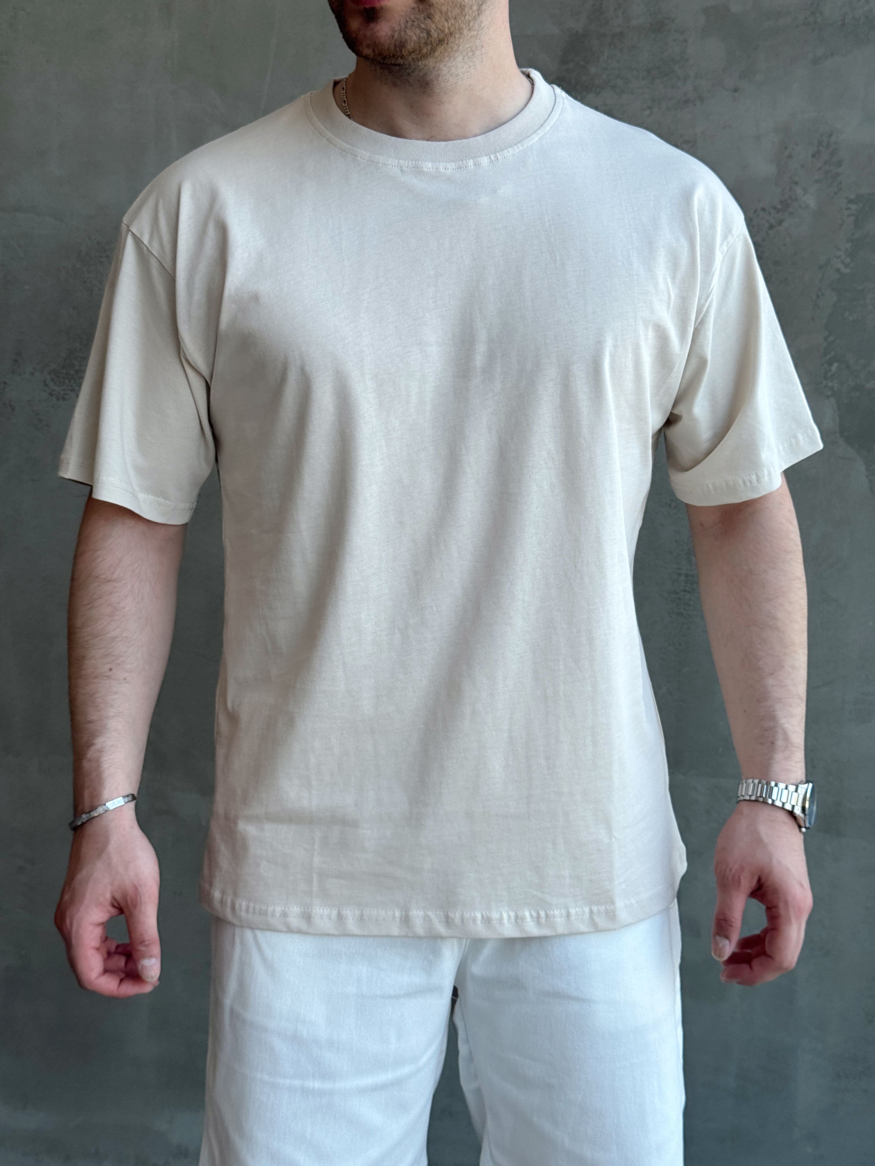 Erkek En Trend Oversize Kalıp Bisiklet Yaka Basic T-Shirt-Bej(E1758)Ketench
