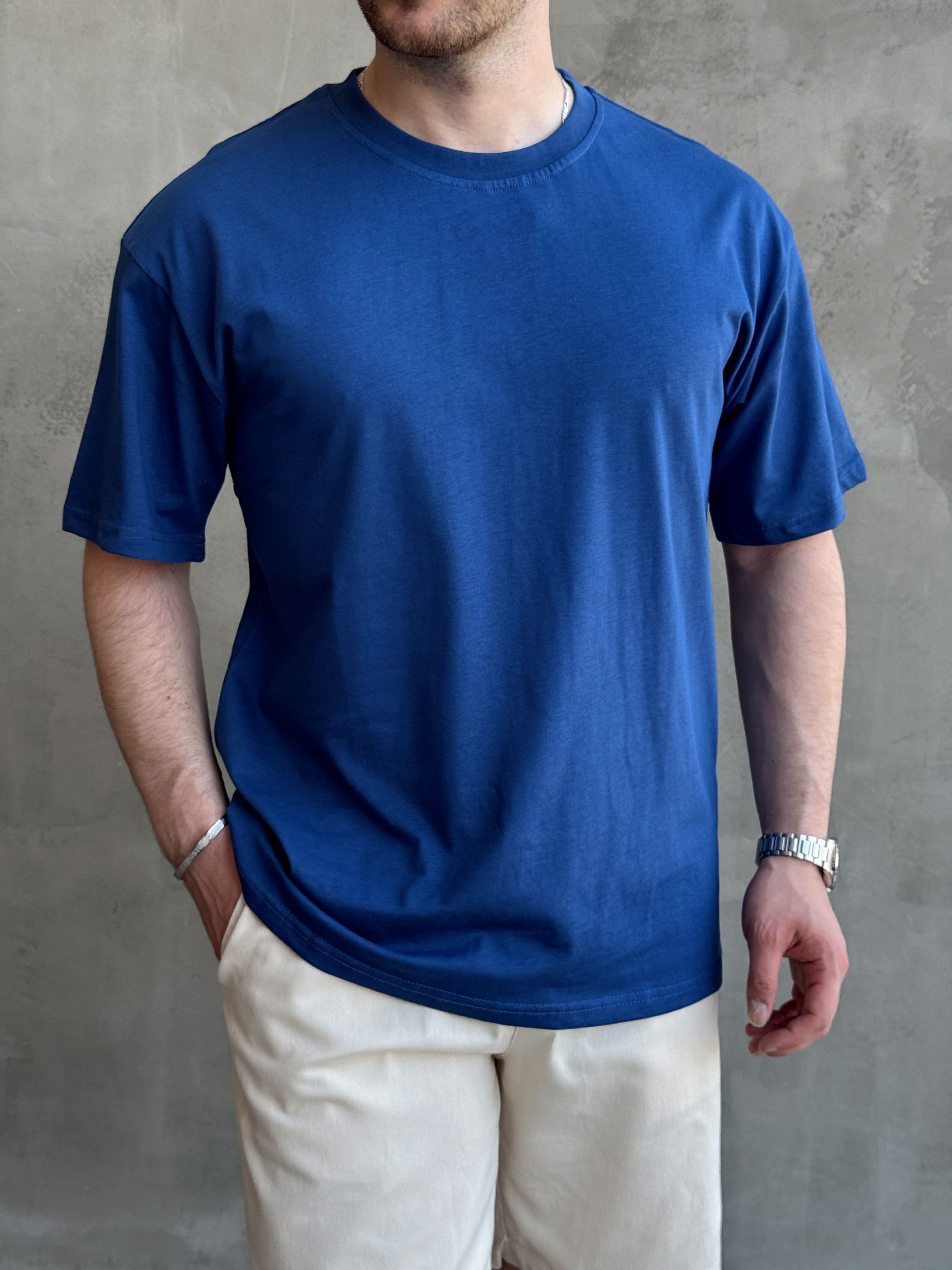 Erkek En Trend Oversize Kalıp Bisiklet Yaka Basic T-Shirt-Mavi(E1758)Ketench