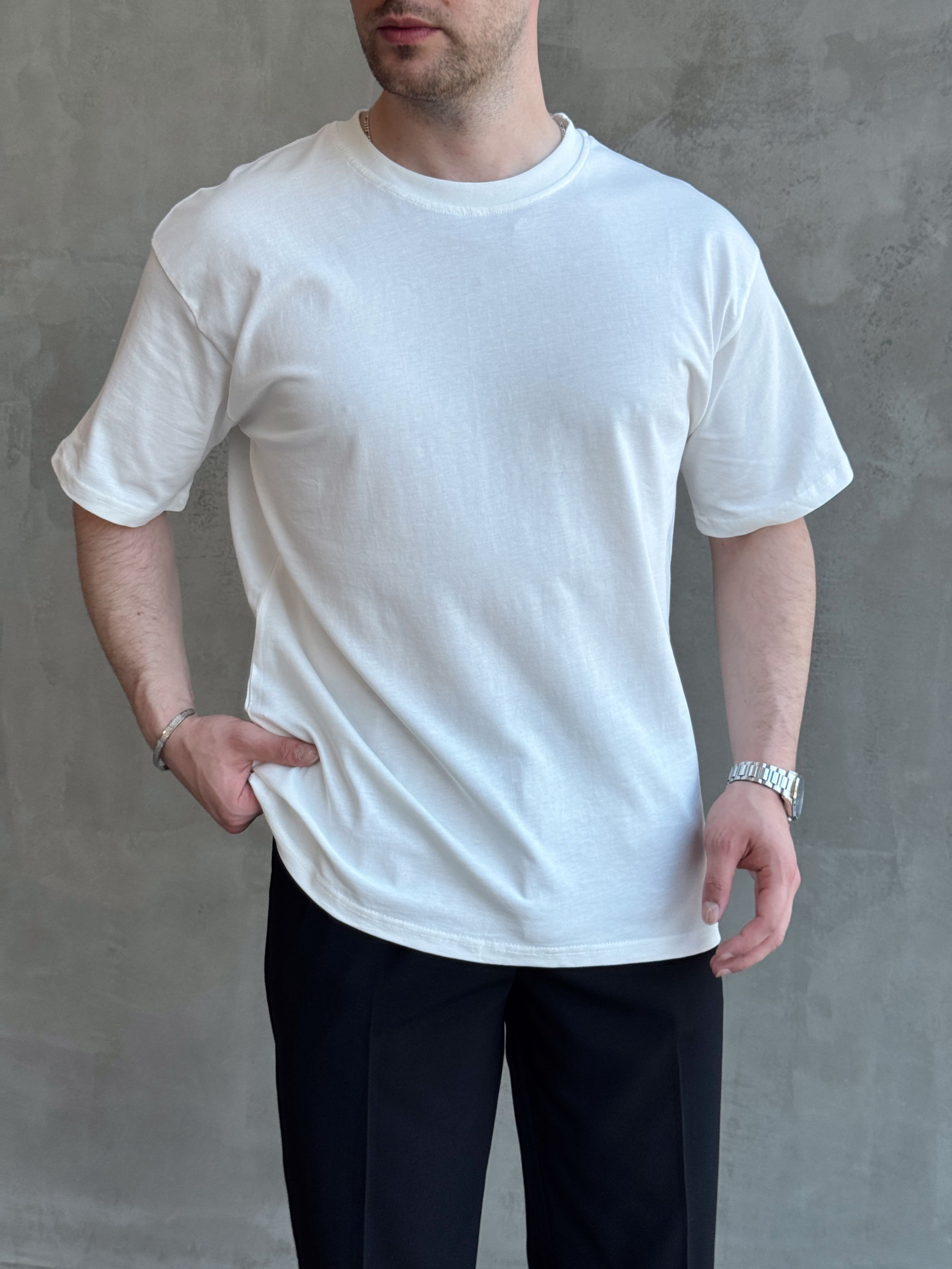 Erkek En Trend Oversize Kalıp Bisiklet Yaka Basic T-Shirt-Beyaz(E1758)Ketench