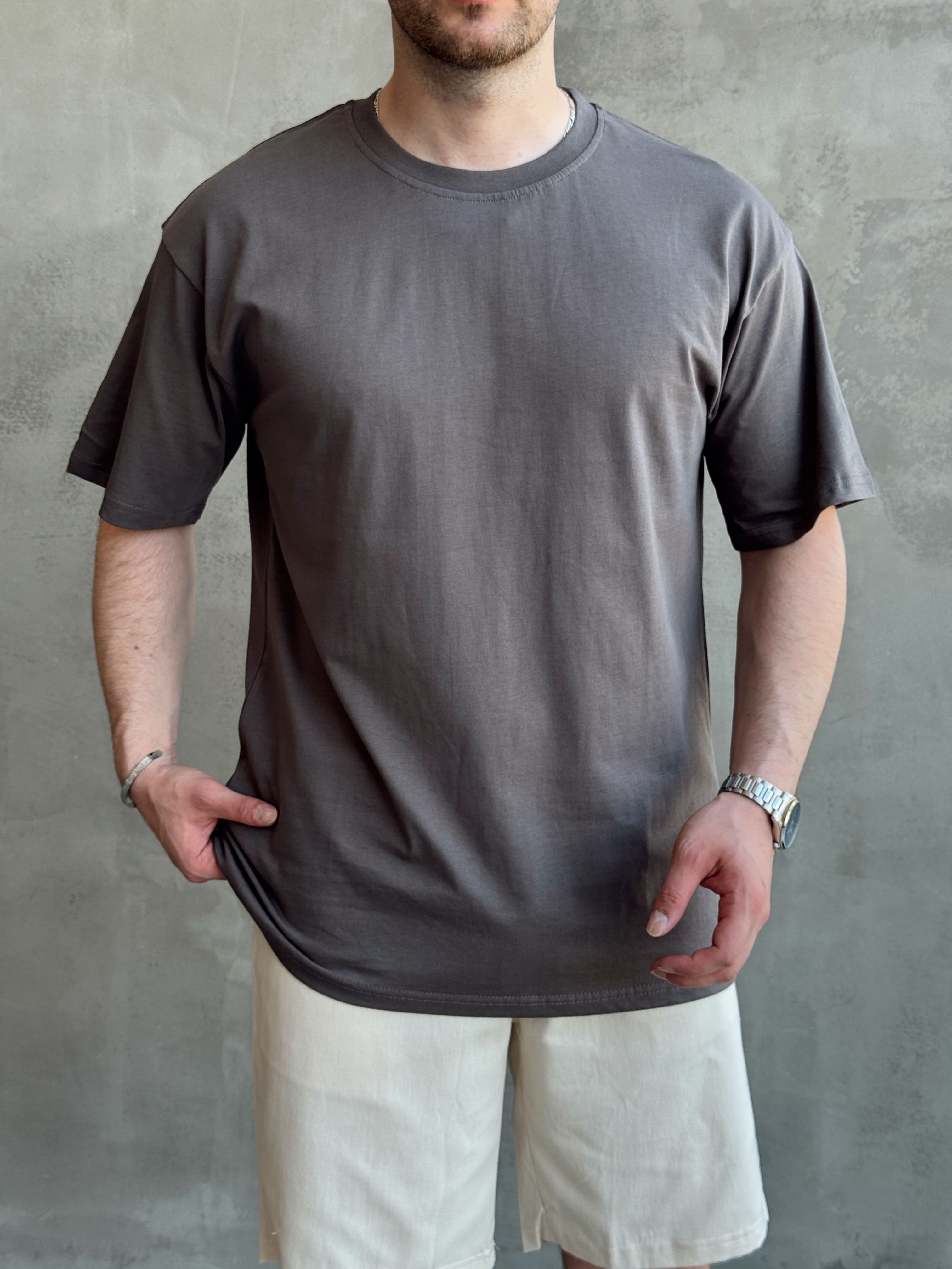 Erkek En Trend Oversize Kalıp Bisiklet Yaka Basic T-Shirt-Antrasit(E1758)Ketench